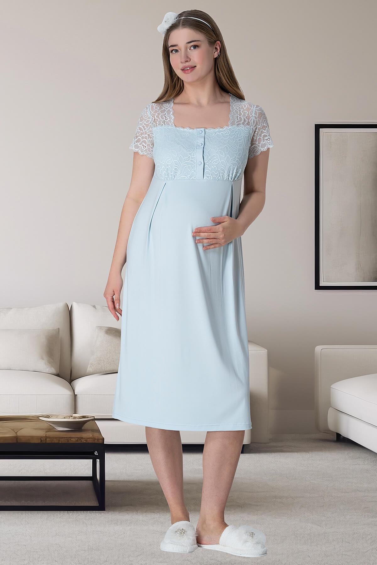 Lace Shoulder Maternity & Nursing Nightgown With Stripe Robe Blue - 6006