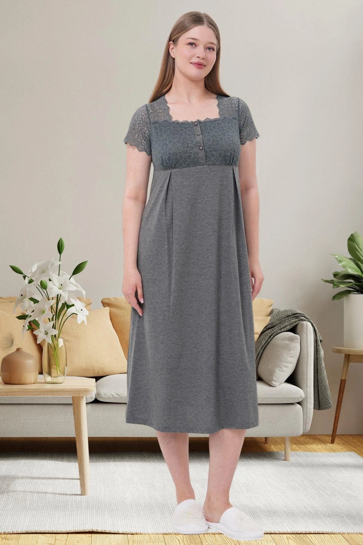 Lace Shoulder Maternity-Nursing Nightgown & Robe Set Charcoal - 6007