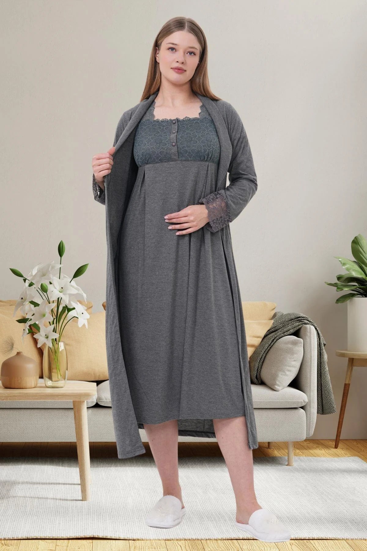 Lace Shoulder Maternity-Nursing Nightgown & Robe Set Charcoal - 6007