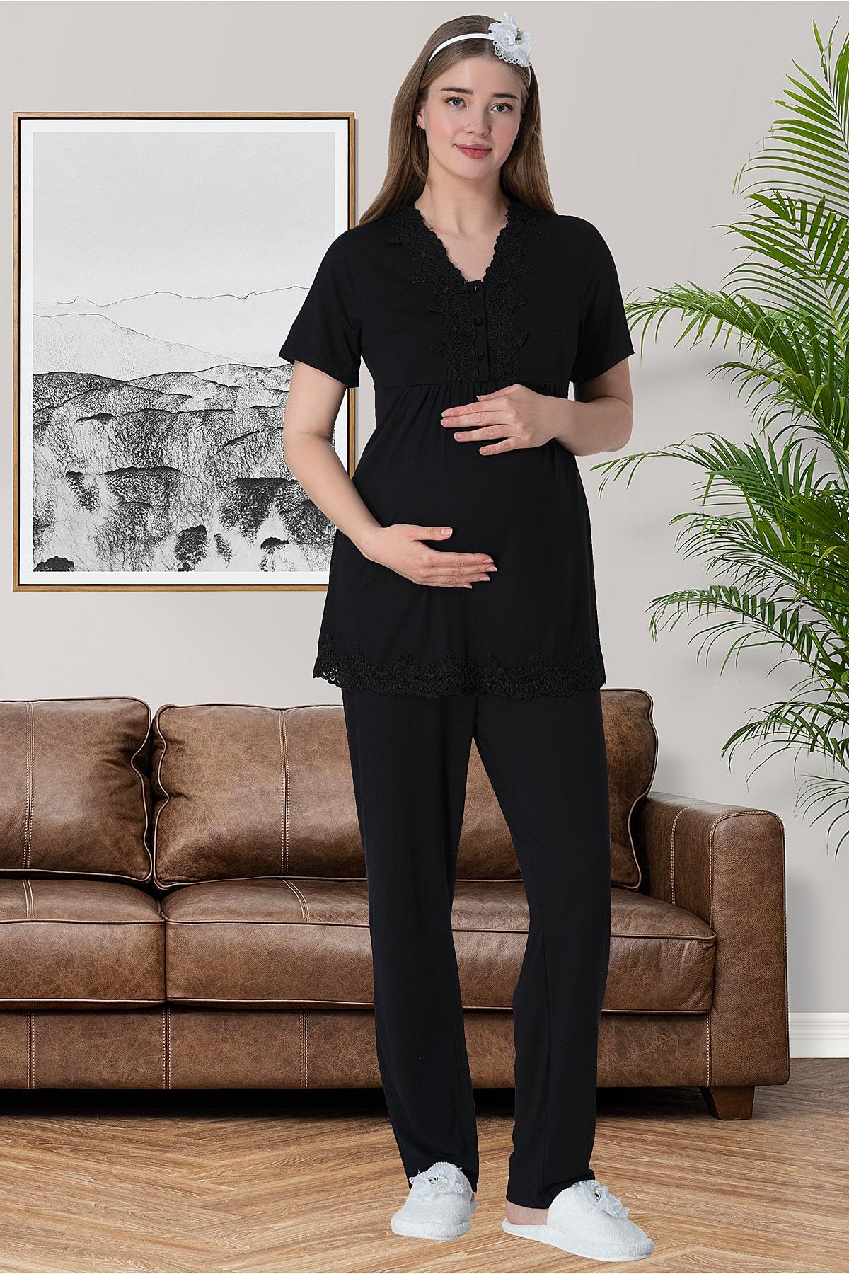 Lace Maternity & Nursing Pajama Set Black - 6008