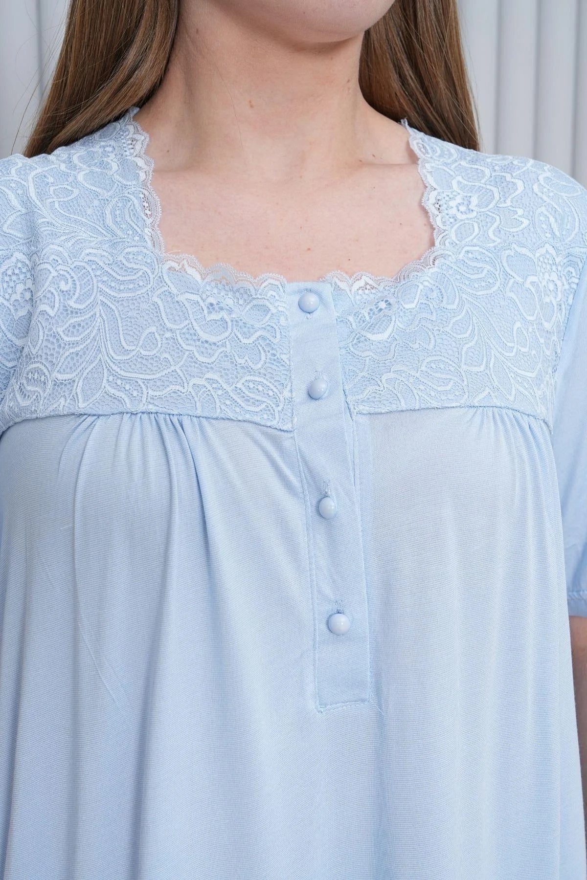 Guipure Collar Plus Size Maternity & Nursing Nightgown Blue - 6049