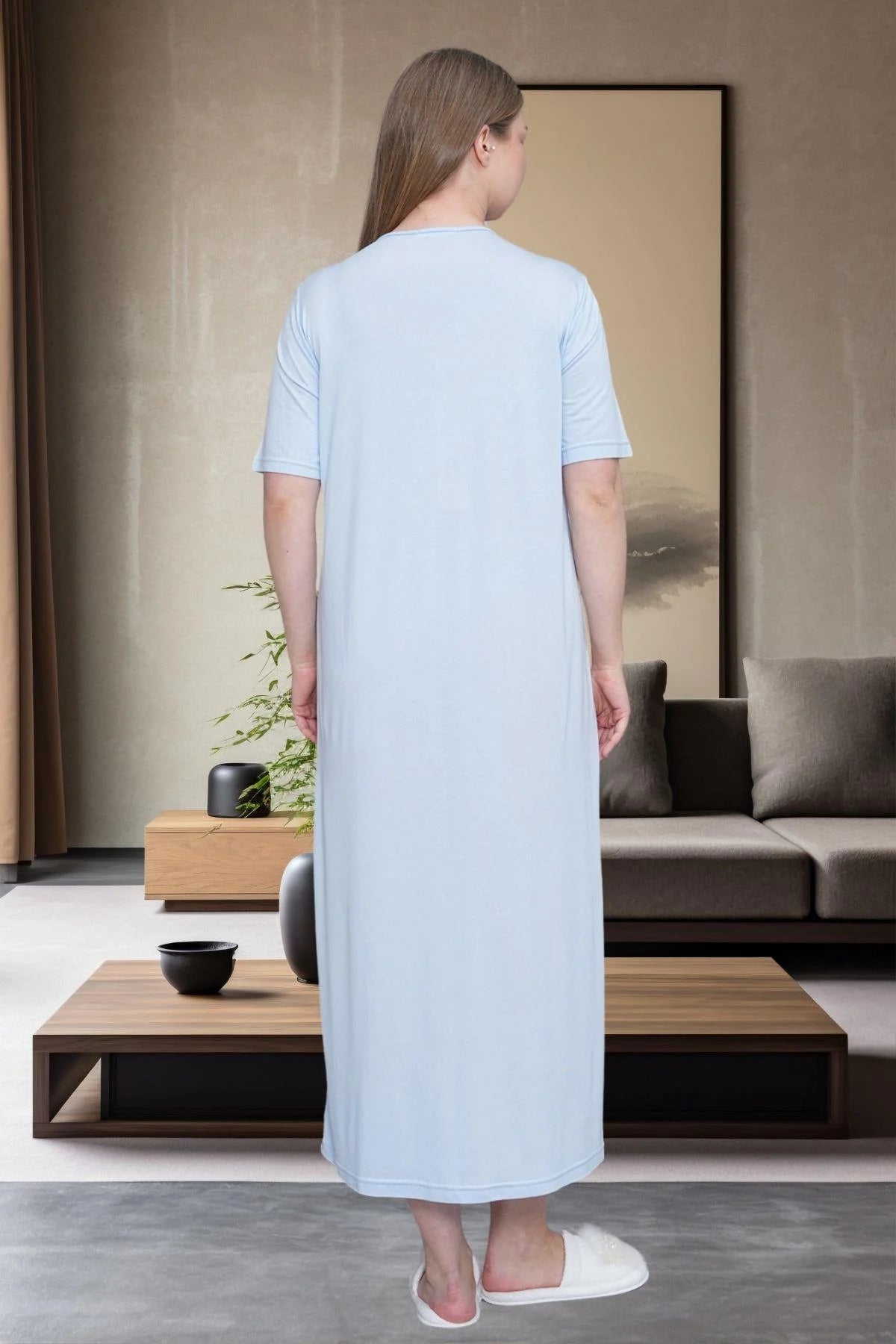 Guipure Collar Plus Size Maternity & Nursing Nightgown Blue - 6049