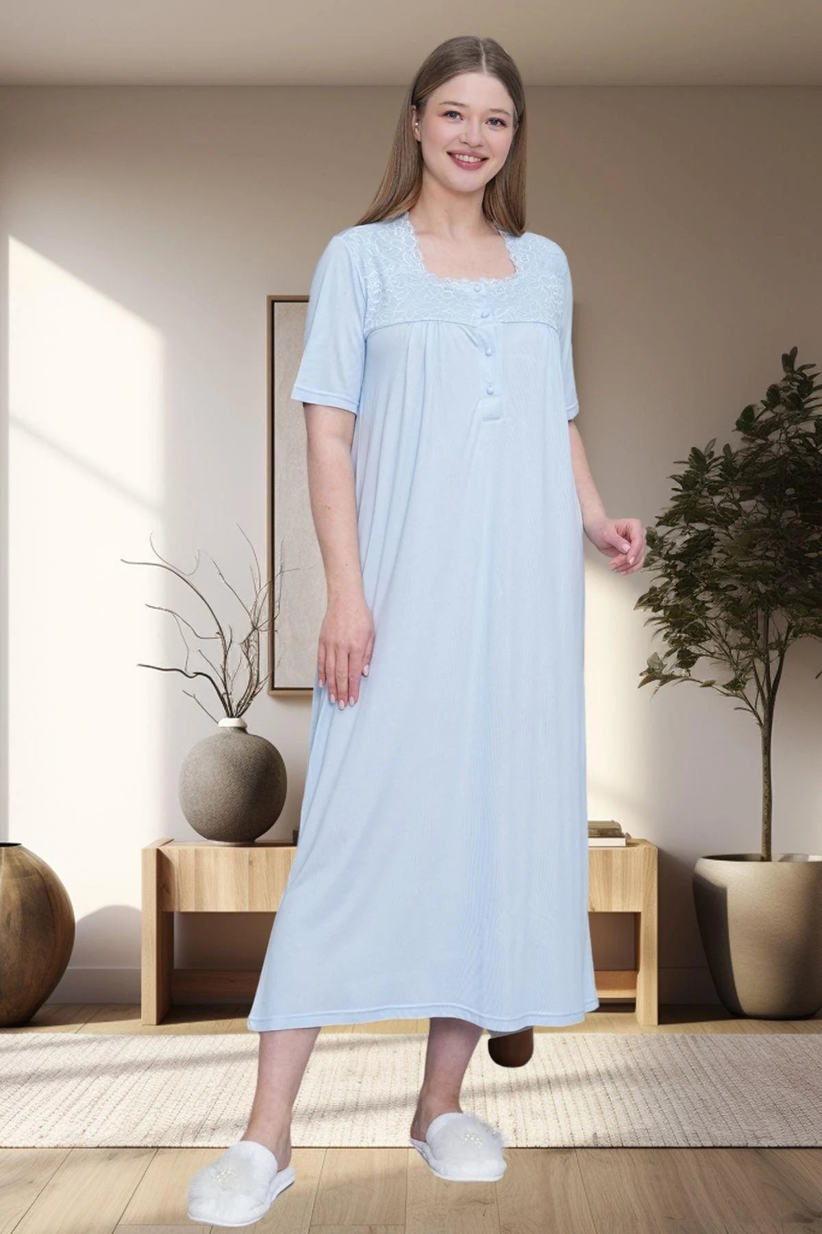 Guipure Collar Plus Size Maternity & Nursing Nightgown Blue - 6049