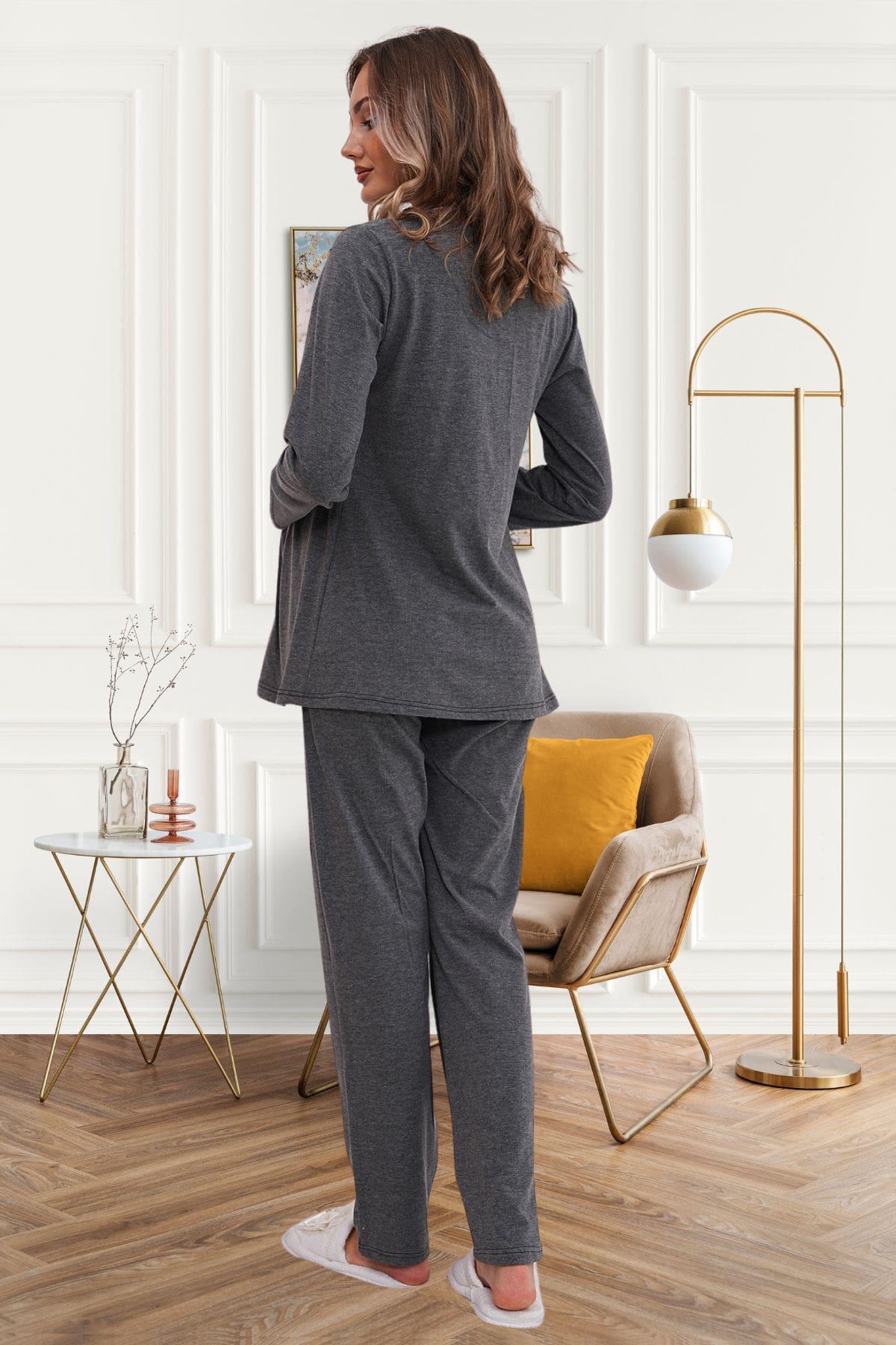 Flowery Guipure Collar 4-Piece Maternity-Nursing Set Charcoal - 6172