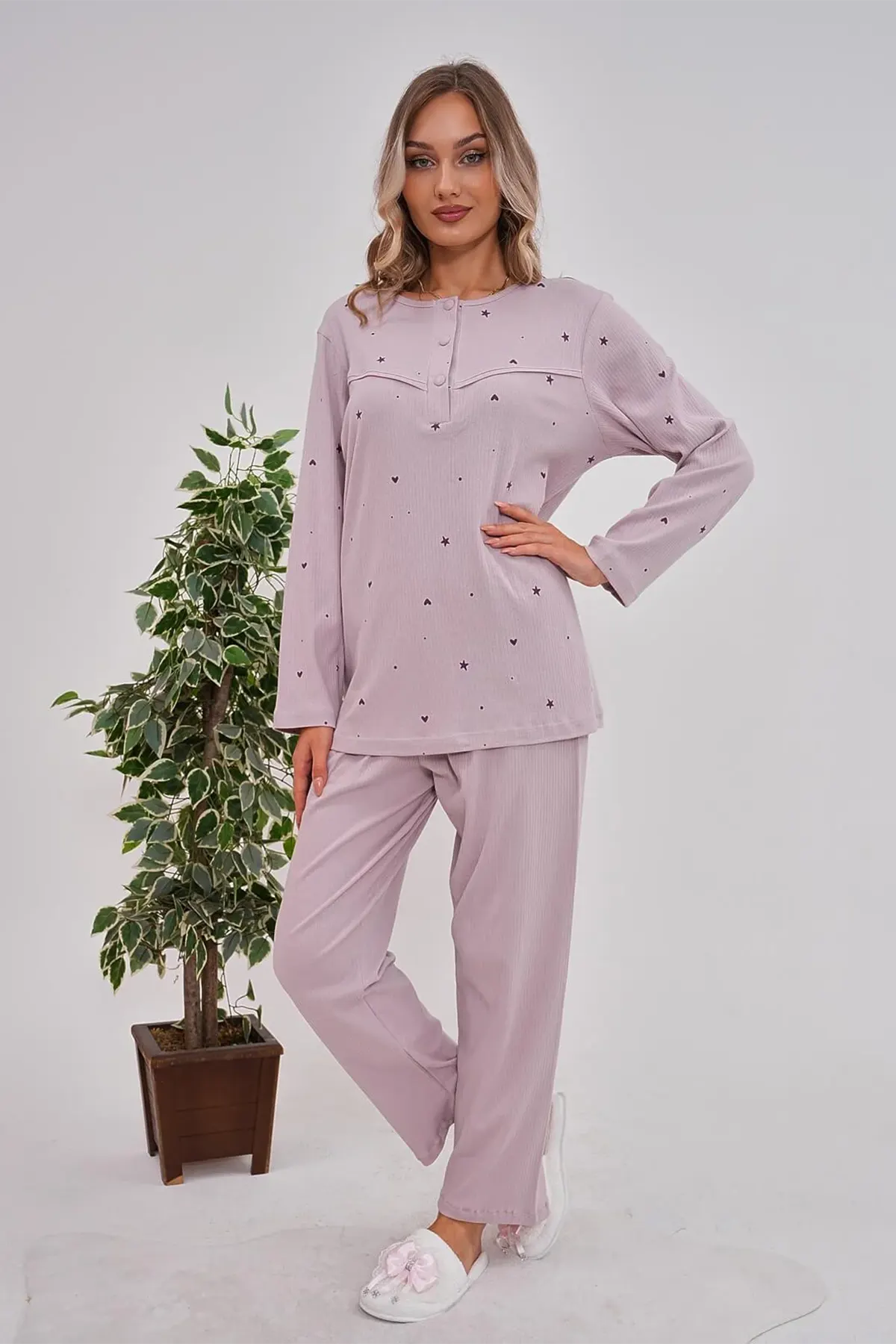 Heart Patterned Cotton Plus Size Maternity & Nursing Pajama Set Lilac - 6150