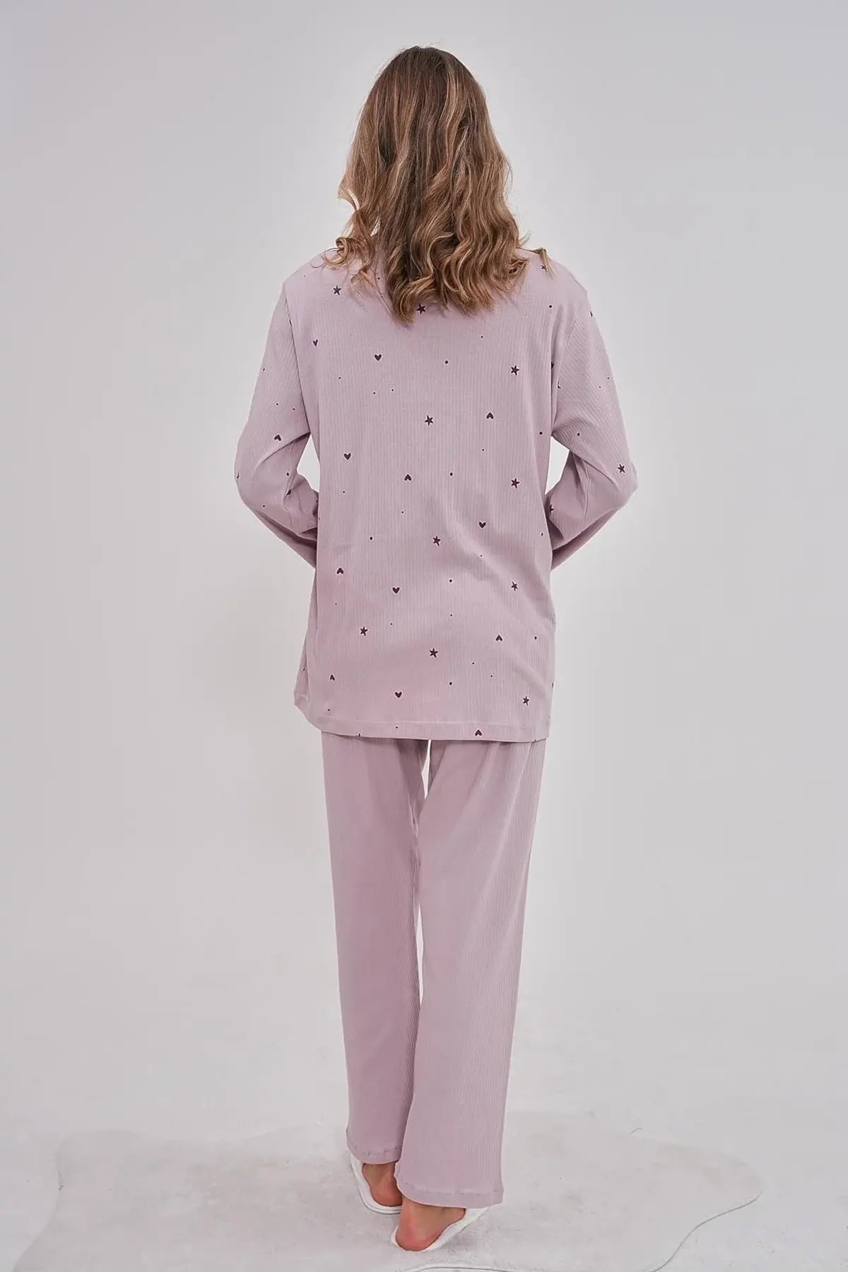 Heart Patterned Cotton Plus Size Maternity & Nursing Pajama Set Lilac - 6150