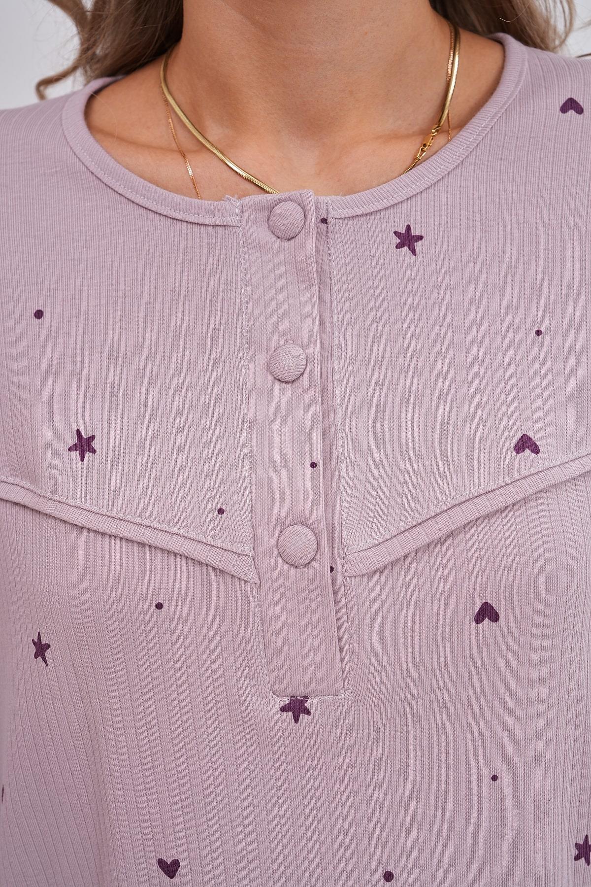 Heart Patterned Cotton Plus Size Maternity & Nursing Pajama Set Lilac - 6150