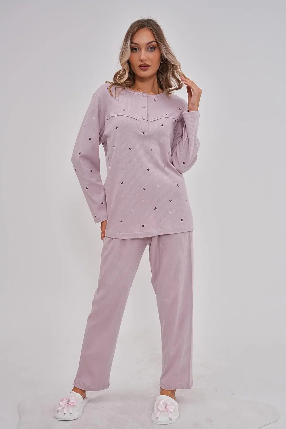 Heart Patterned Cotton Plus Size Maternity & Nursing Pajama Set Lilac - 6150