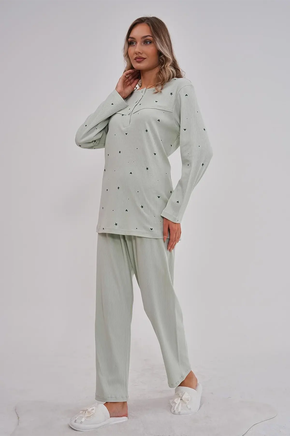 Heart Patterned Cotton Plus Size Maternity & Nursing Pajama Set Green - 6150