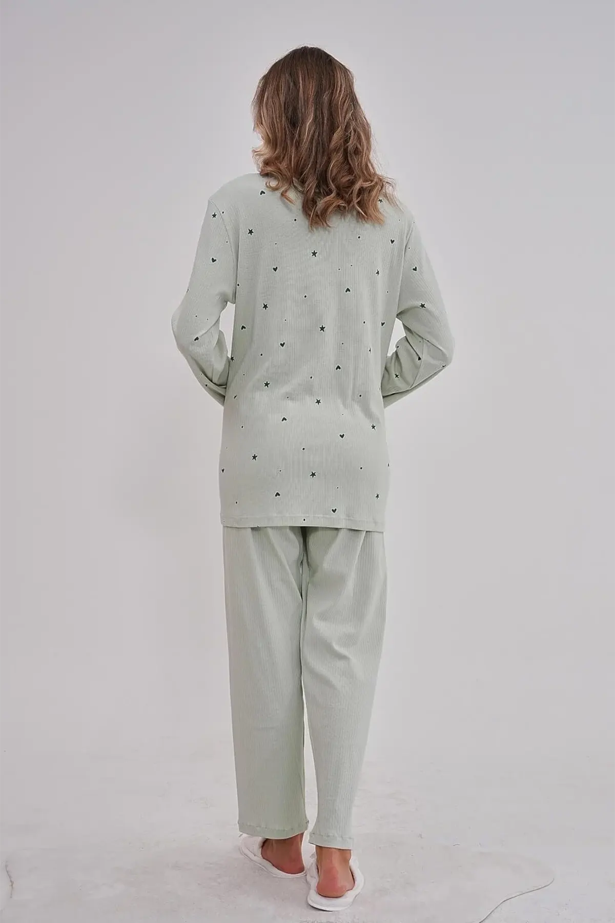 Heart Patterned Cotton Plus Size Maternity & Nursing Pajama Set Green - 6150