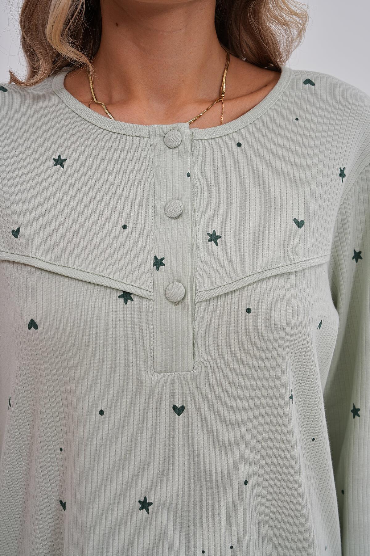 Heart Patterned Cotton Plus Size Maternity & Nursing Pajama Set Green - 6150