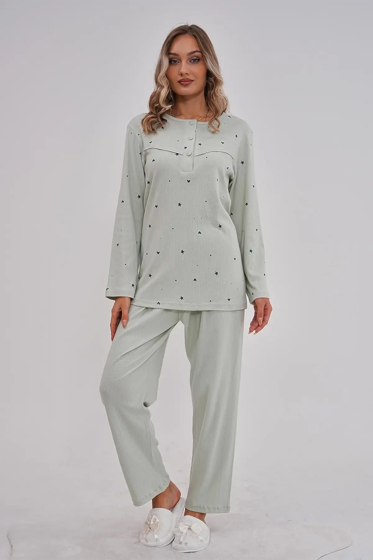 Heart Patterned Cotton Plus Size Maternity & Nursing Pajama Set Green - 6150