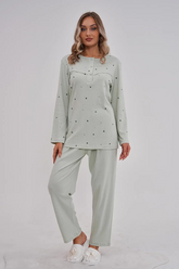 Heart Patterned Cotton Plus Size Maternity & Nursing Pajama Set Green - 6150