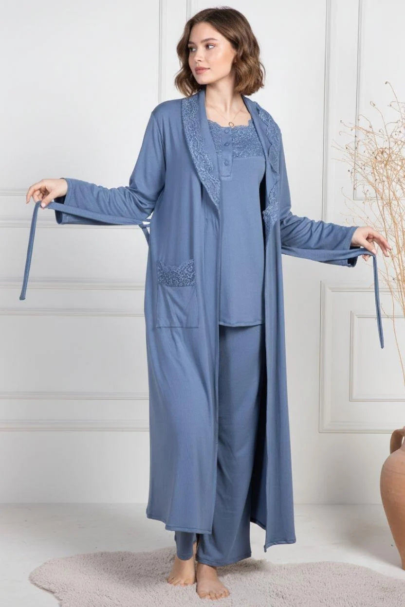 Lace Collar 3-Piece Maternity-Nursing Pajama & Robe Set Indigo - 6155