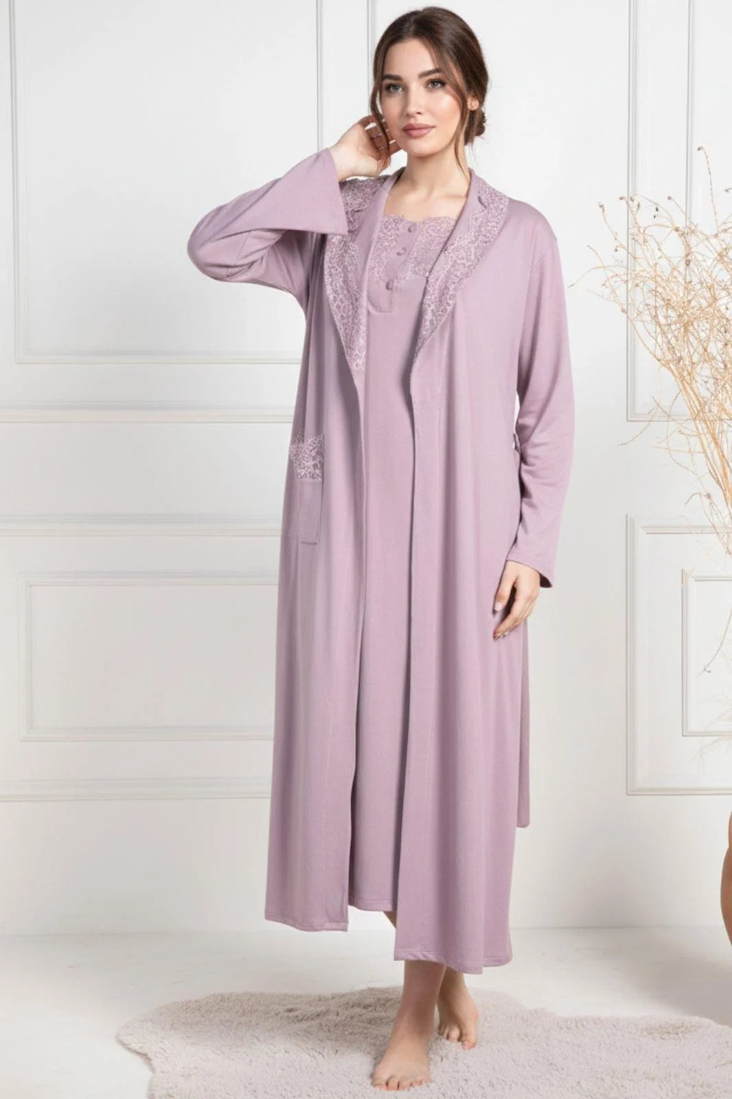 Lace Collar Maternity-Nursing Nightgown & Robe Set Dried Rose - 6156