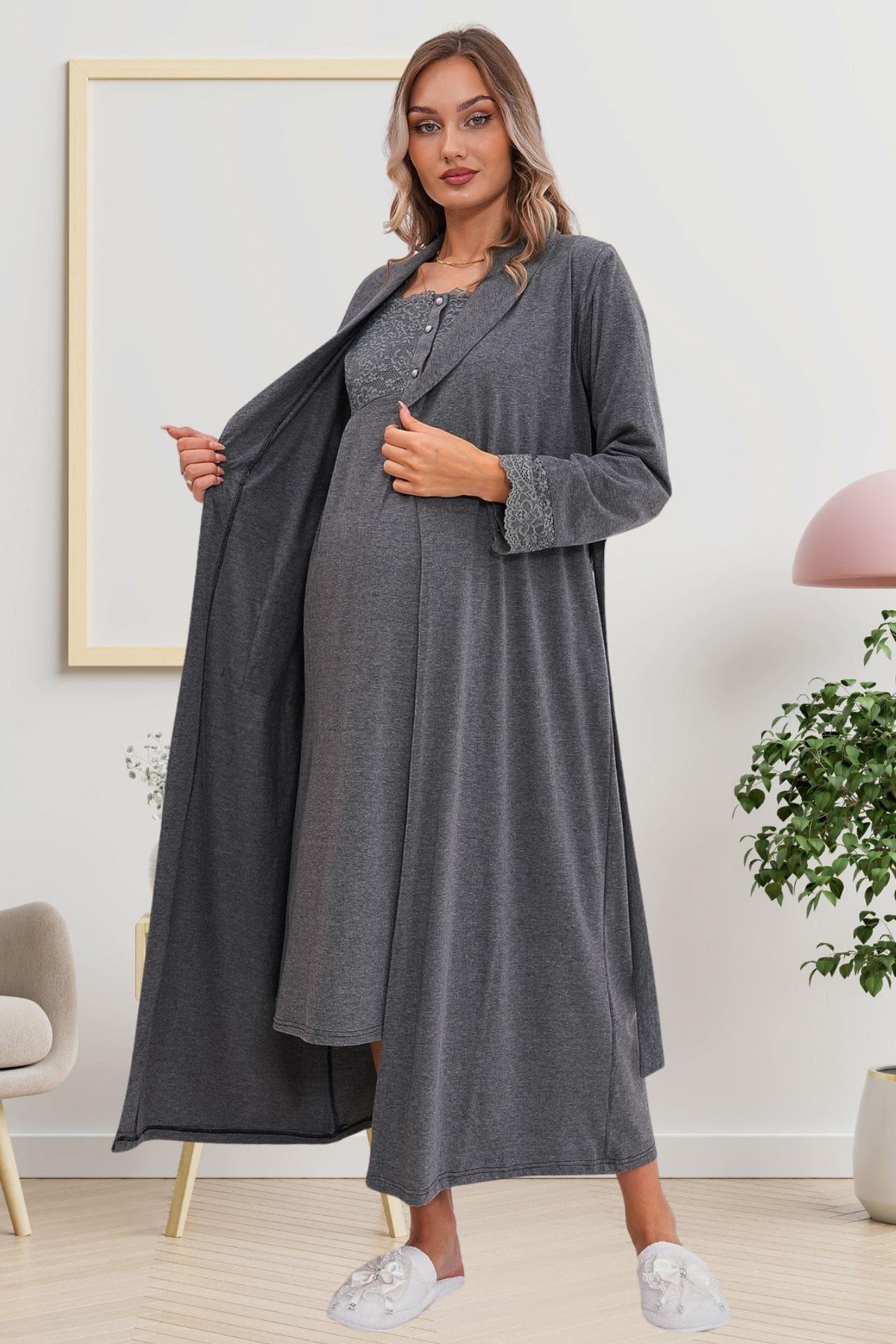 Flowery Guipure Collar 4-Piece Maternity-Nursing Set Charcoal - 6172