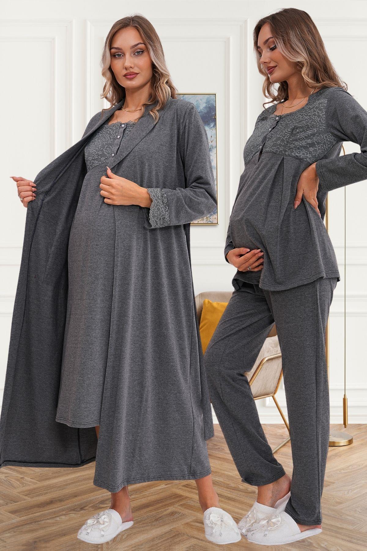 Flowery Guipure Collar 4-Piece Maternity-Nursing Set Charcoal - 6172