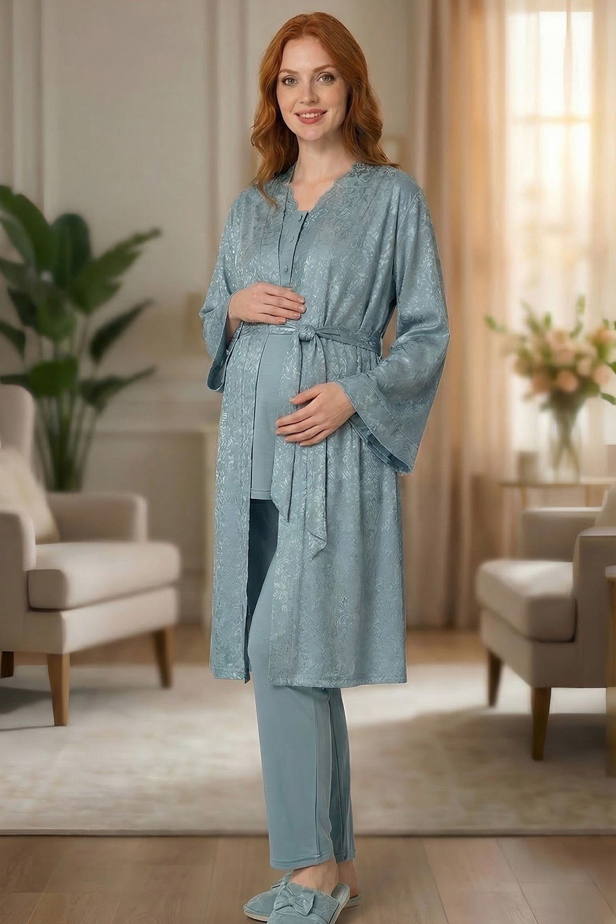 Lace Embroidered 3-Piece Maternity-Nursing Pajama & Satin Jacquard Robe Set Blue - 6201