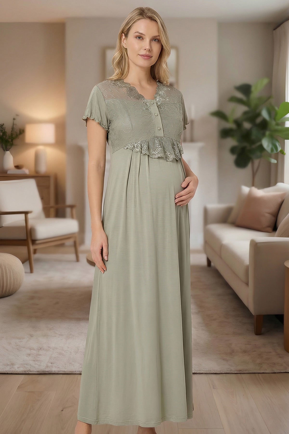 Lace Embroidered Maternity-Nursing Nightgown & Satin Jacquard Robe Set Green - 6202