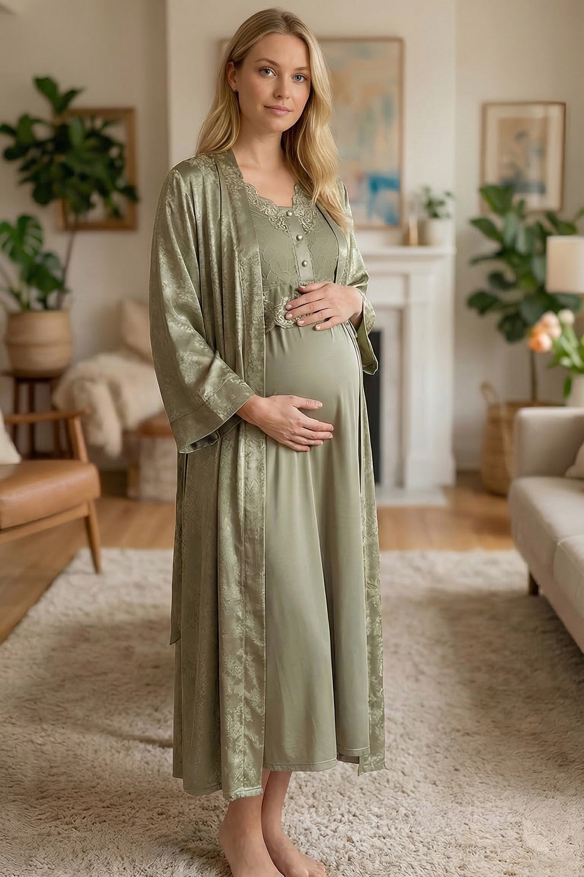 Lace Embroidered Maternity-Nursing Nightgown & Satin Jacquard Robe Set Green - 6202
