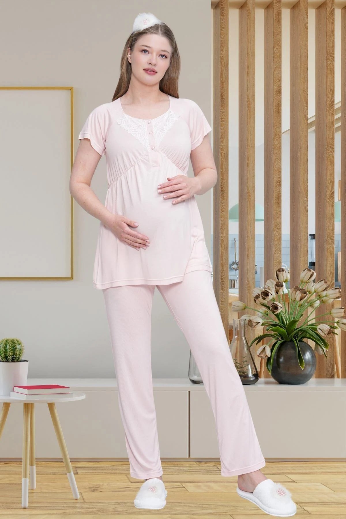 Lace Detailed 3-Piece Maternity-Nursing Pajama & Robe Set Pink - 6203