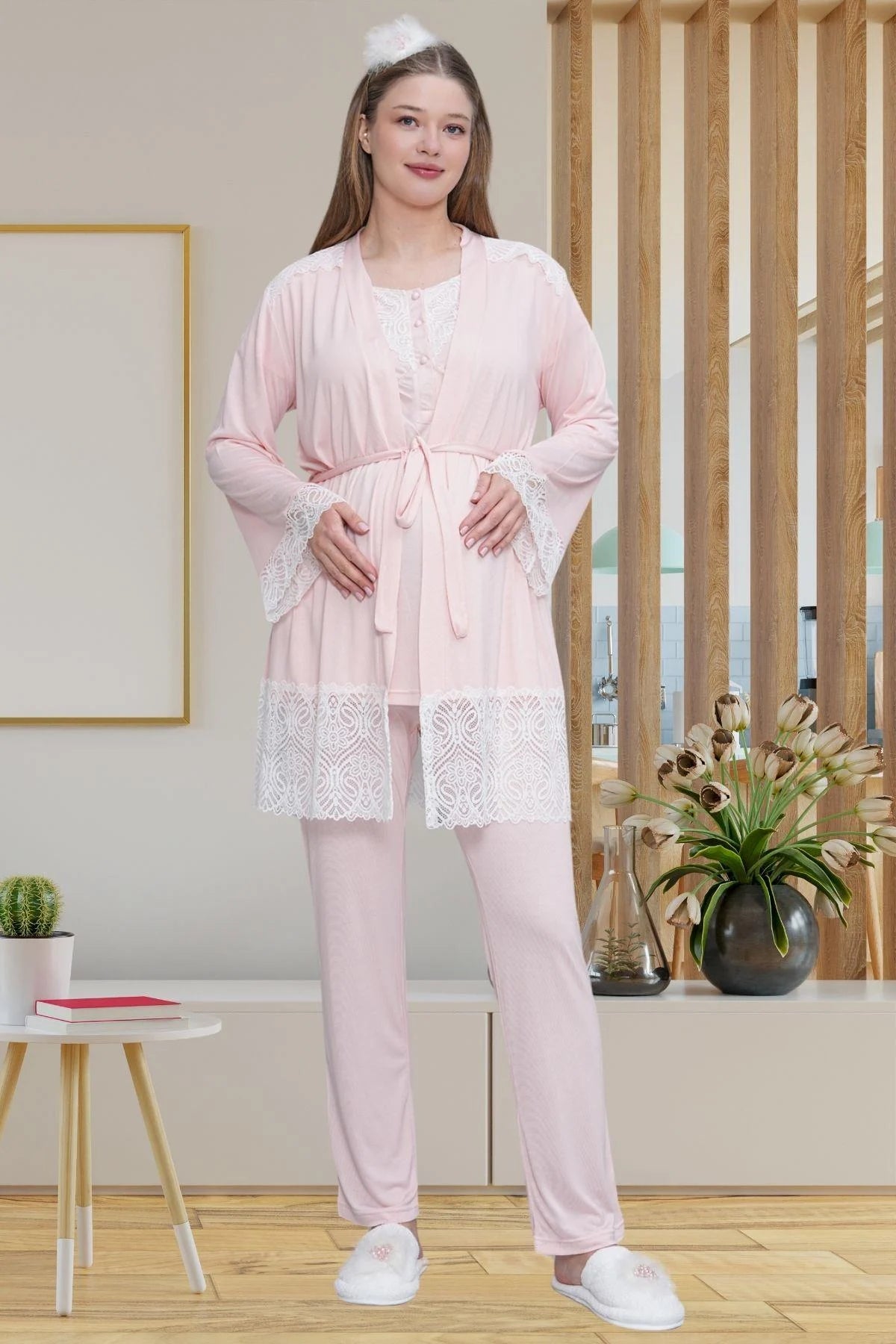 Lace Detailed 3-Piece Maternity-Nursing Pajama & Robe Set Pink - 6203