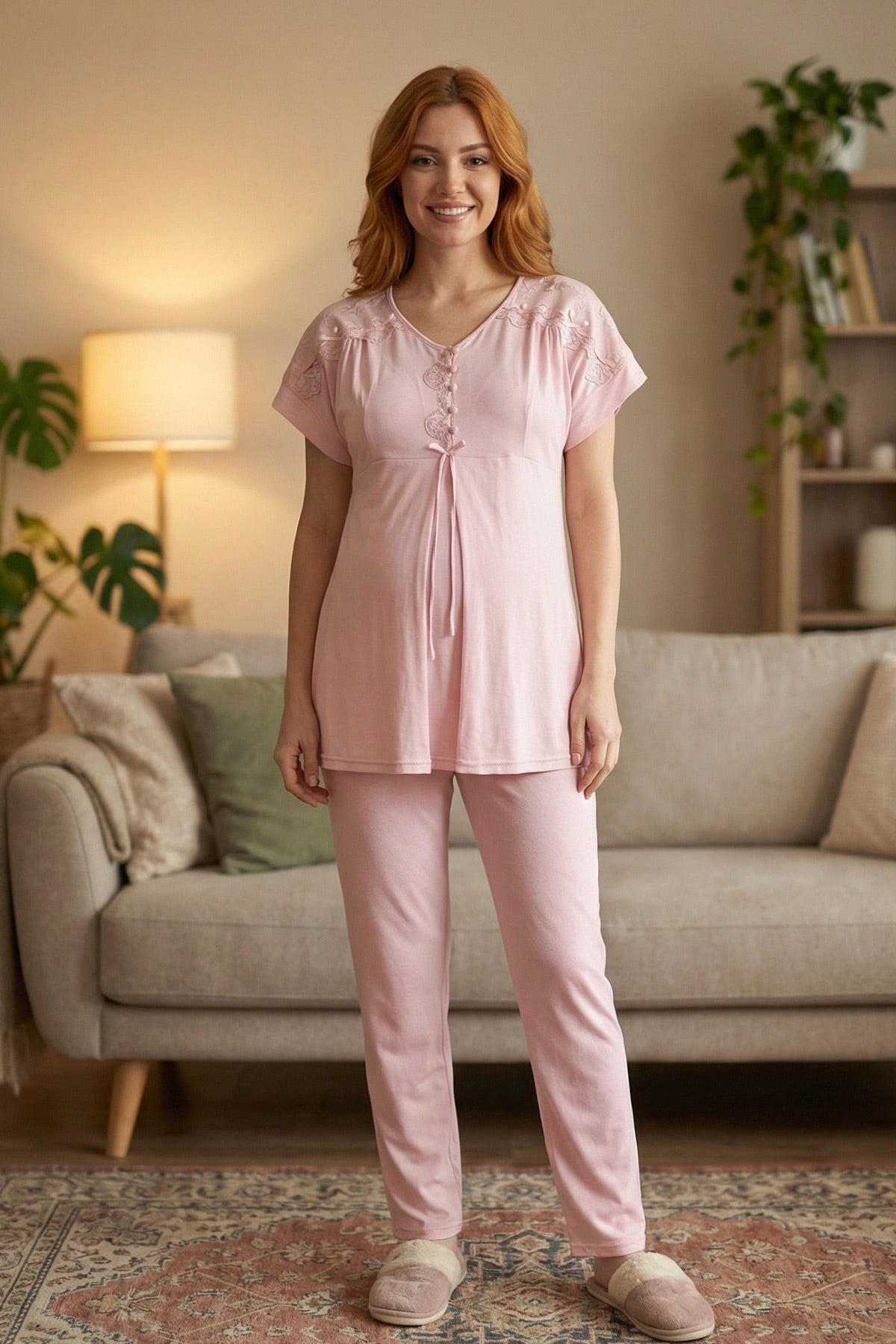 Floral Lace Detailed Maternity & Nursing Pajama Set Powder - 6222