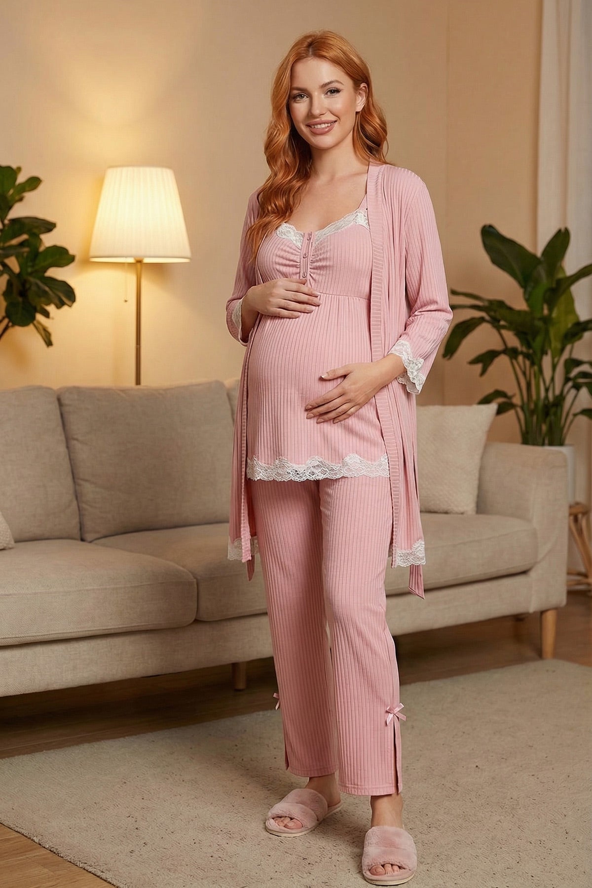 Ribbed Lace Trim Strappy 4-Piece Maternity-Nursing Pajama, Shorts & Robe Set Pink - 6232