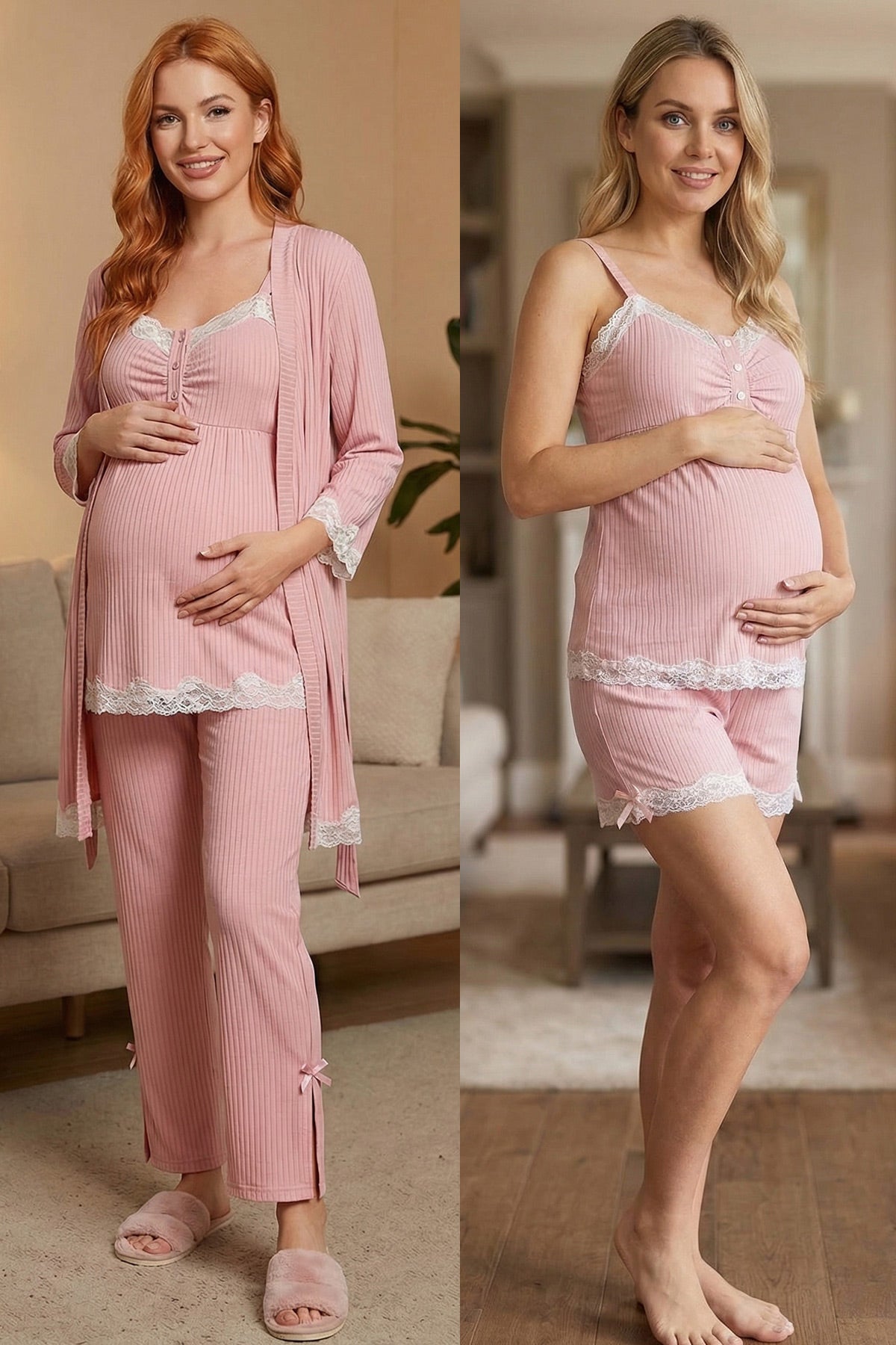 Ribbed Lace Trim Strappy 4-Piece Maternity-Nursing Pajama, Shorts & Robe Set Pink - 6232