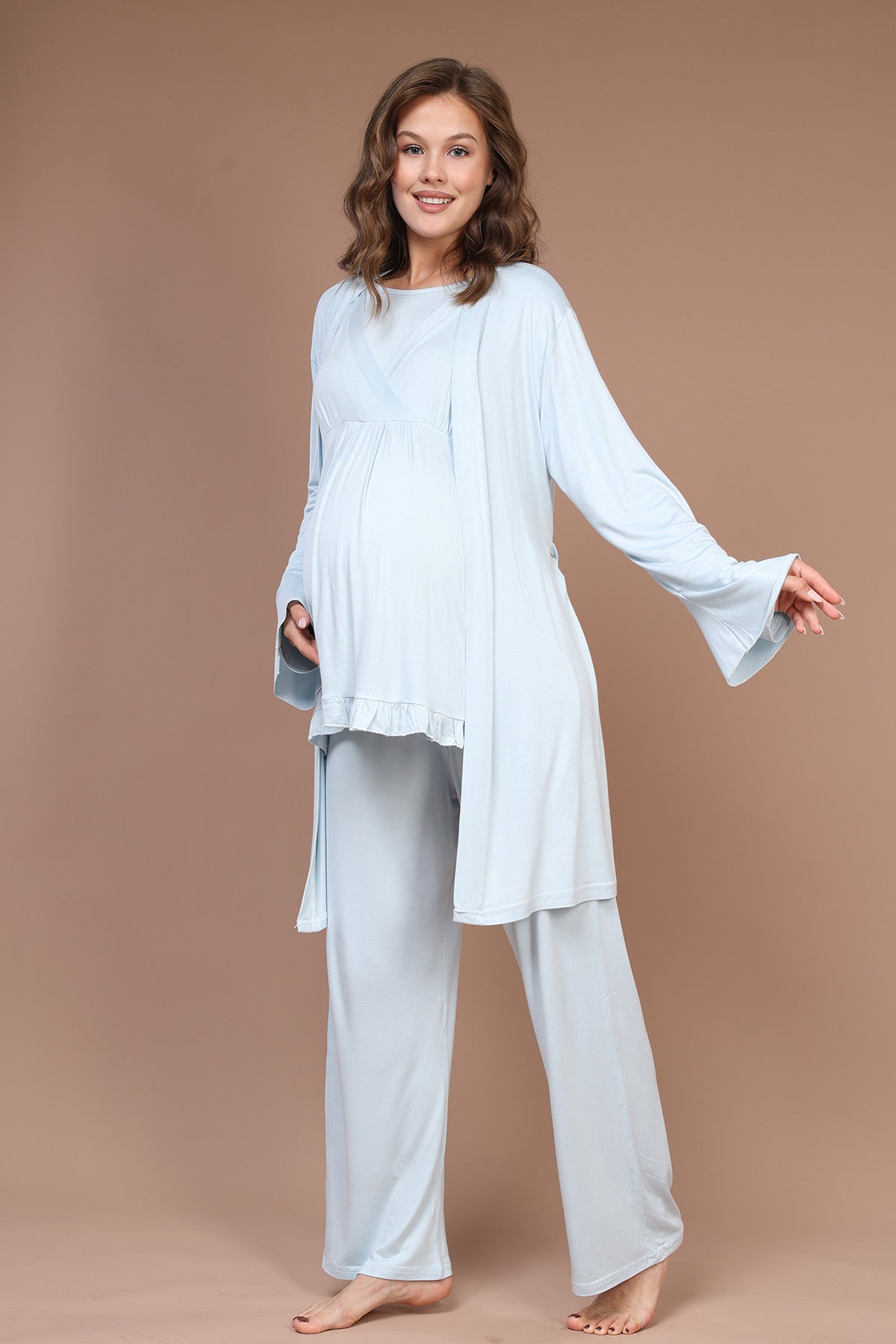 Breastfeeding Detailed 3-Piece Maternity-Nursing Pajama Robe Set Blu