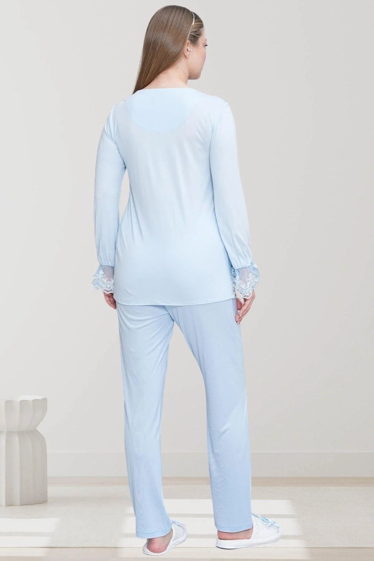 Lace Embroidered Maternity & Nursing Pajama Set Blue - 6300
