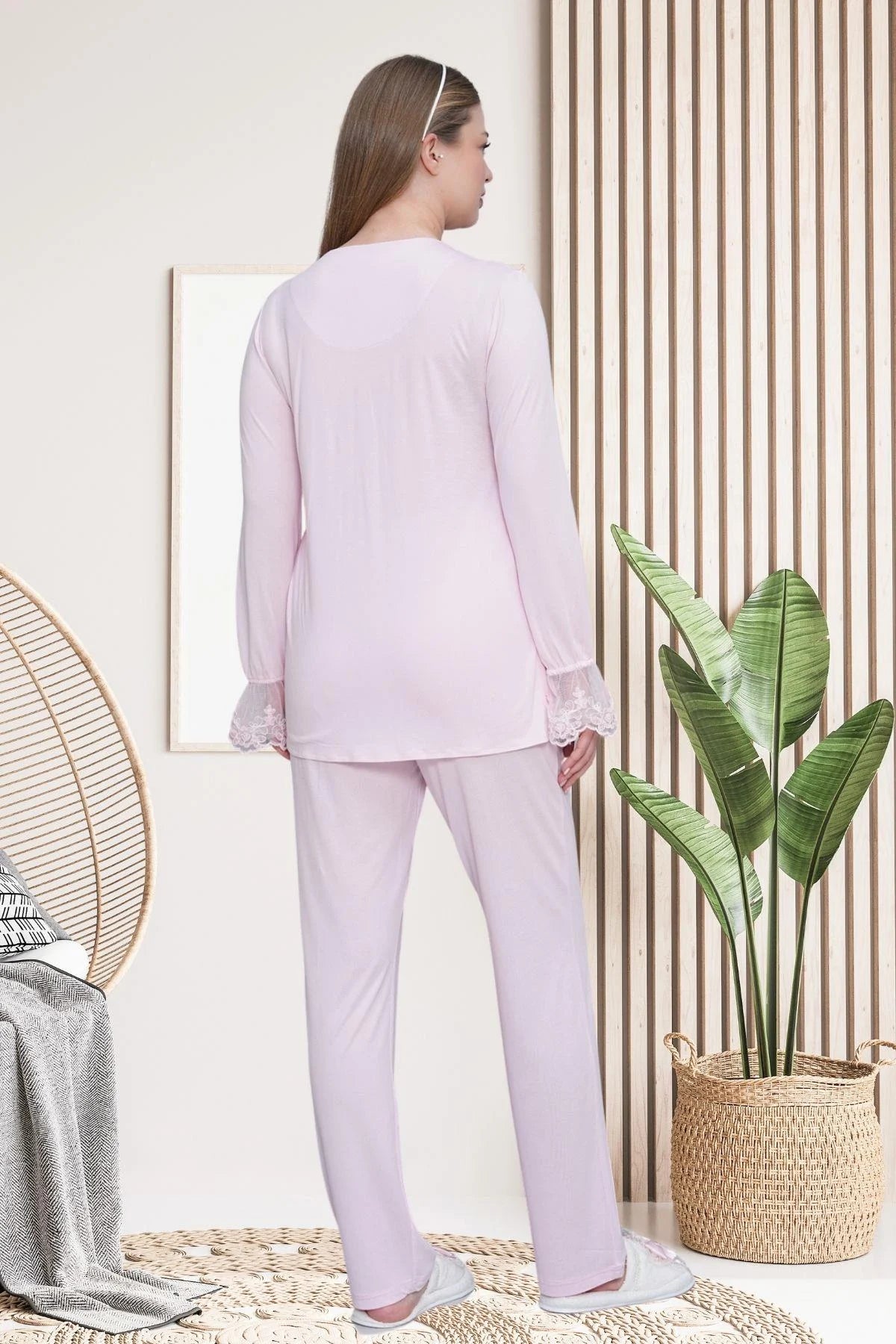 Lace Embroidered Maternity & Nursing Pajama Set Pink - 6300