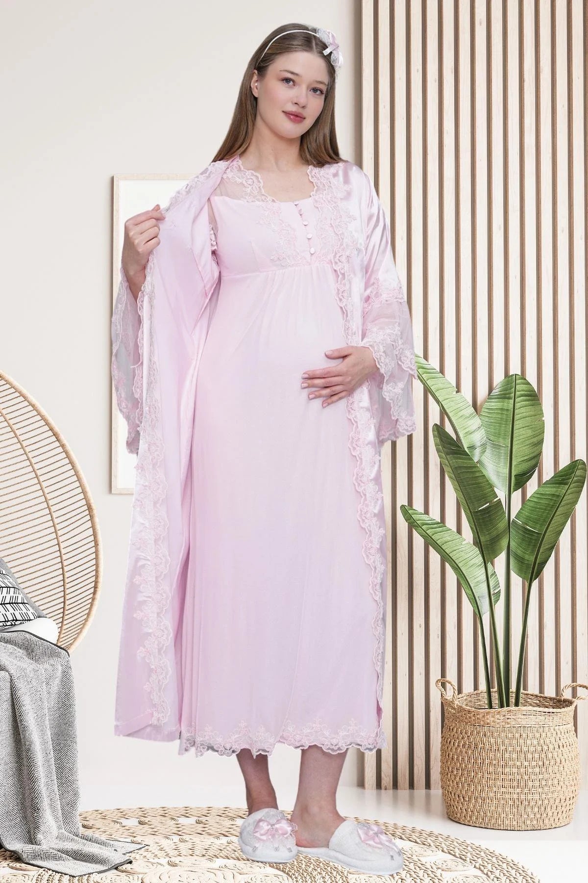 Lace Embroidered Maternity-Nursing Nightgown & Satin Robe Set Pink - 6301