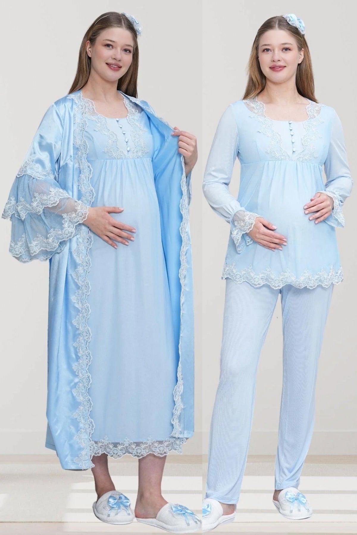 Lace Embroidered Satin 4 Piece Maternity-Nursing Set Blue - 6302