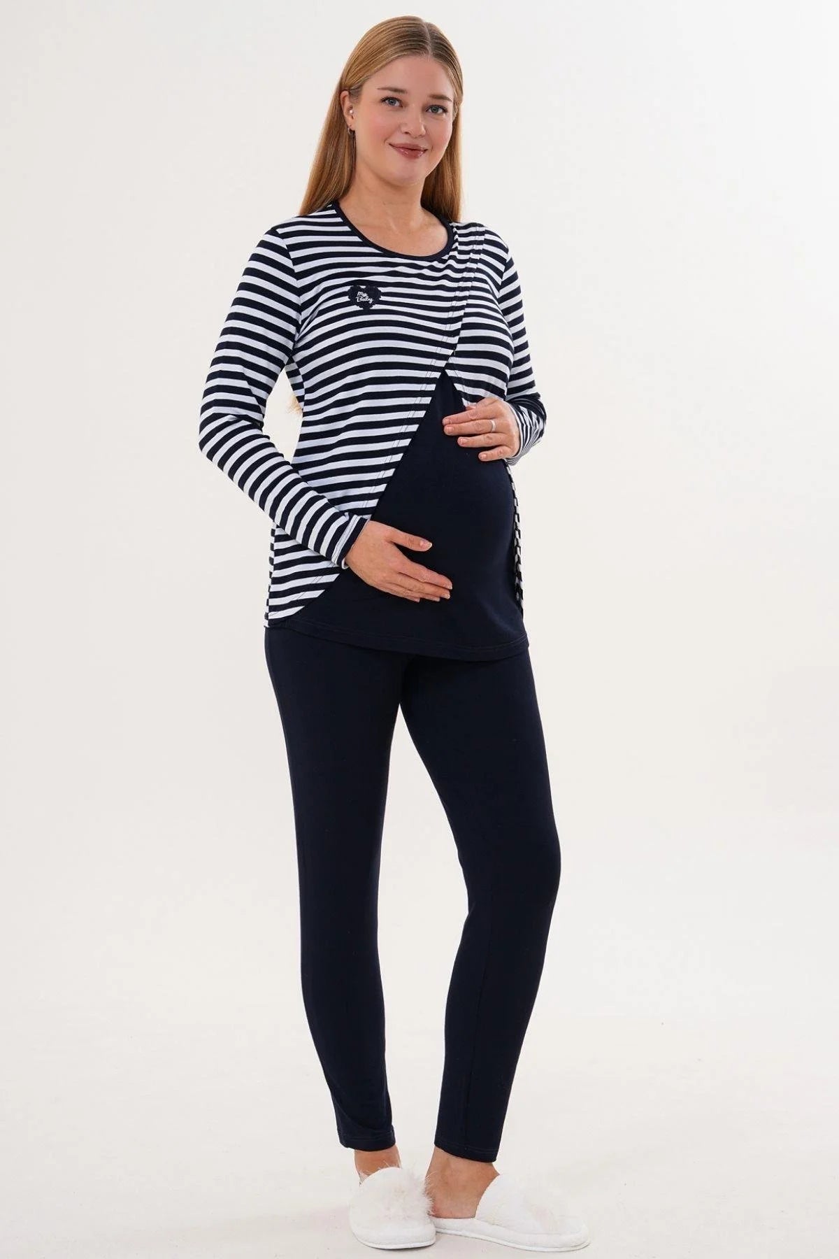 Relaxable Easy Breastfeeding Maternity & Nursing Pajama Set Navy Blue - 6303