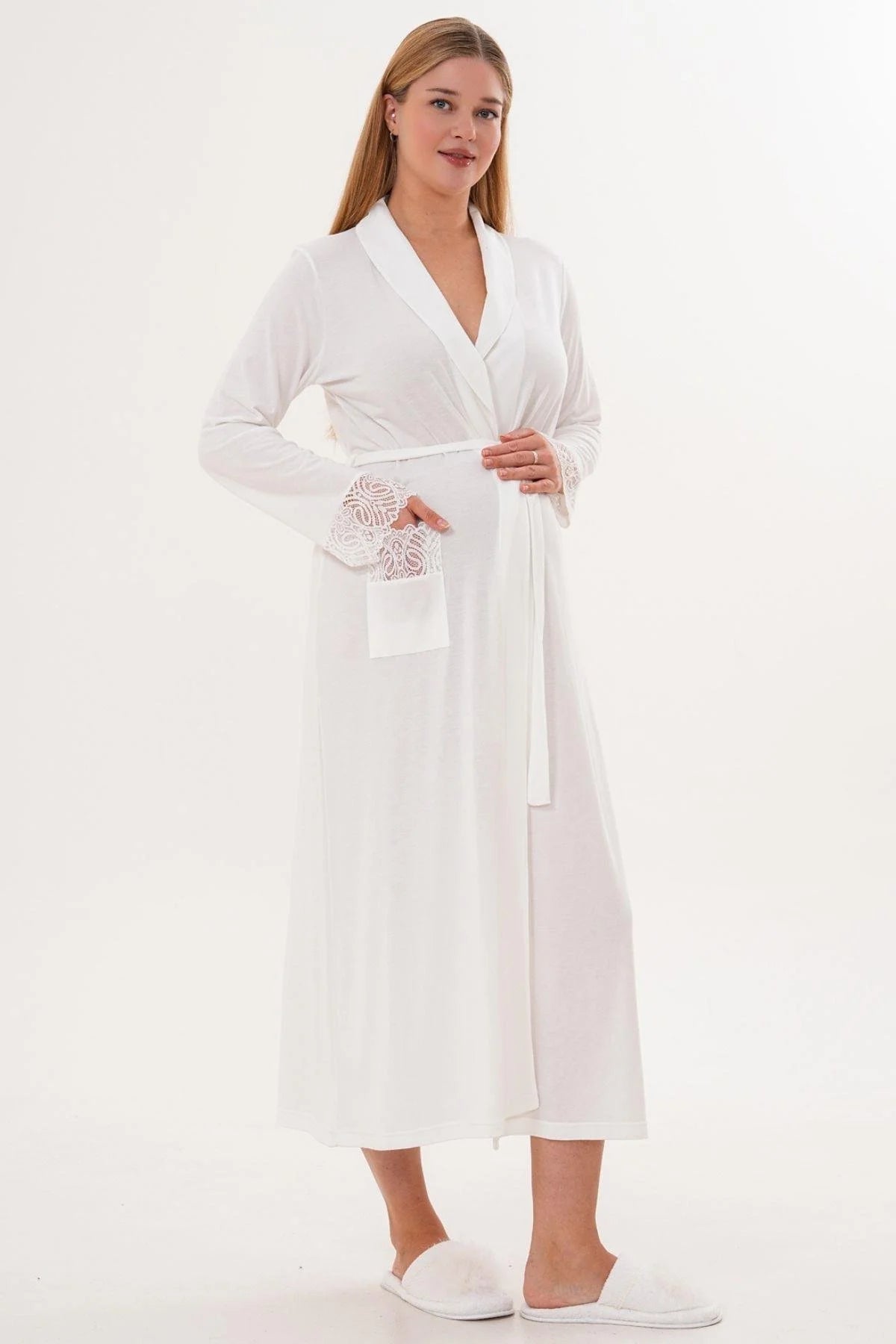Lace Sleeve and Collar 3-Piece Maternity-Nursing Pajama & Lace Sleeve Robe Set Ecru - 6330