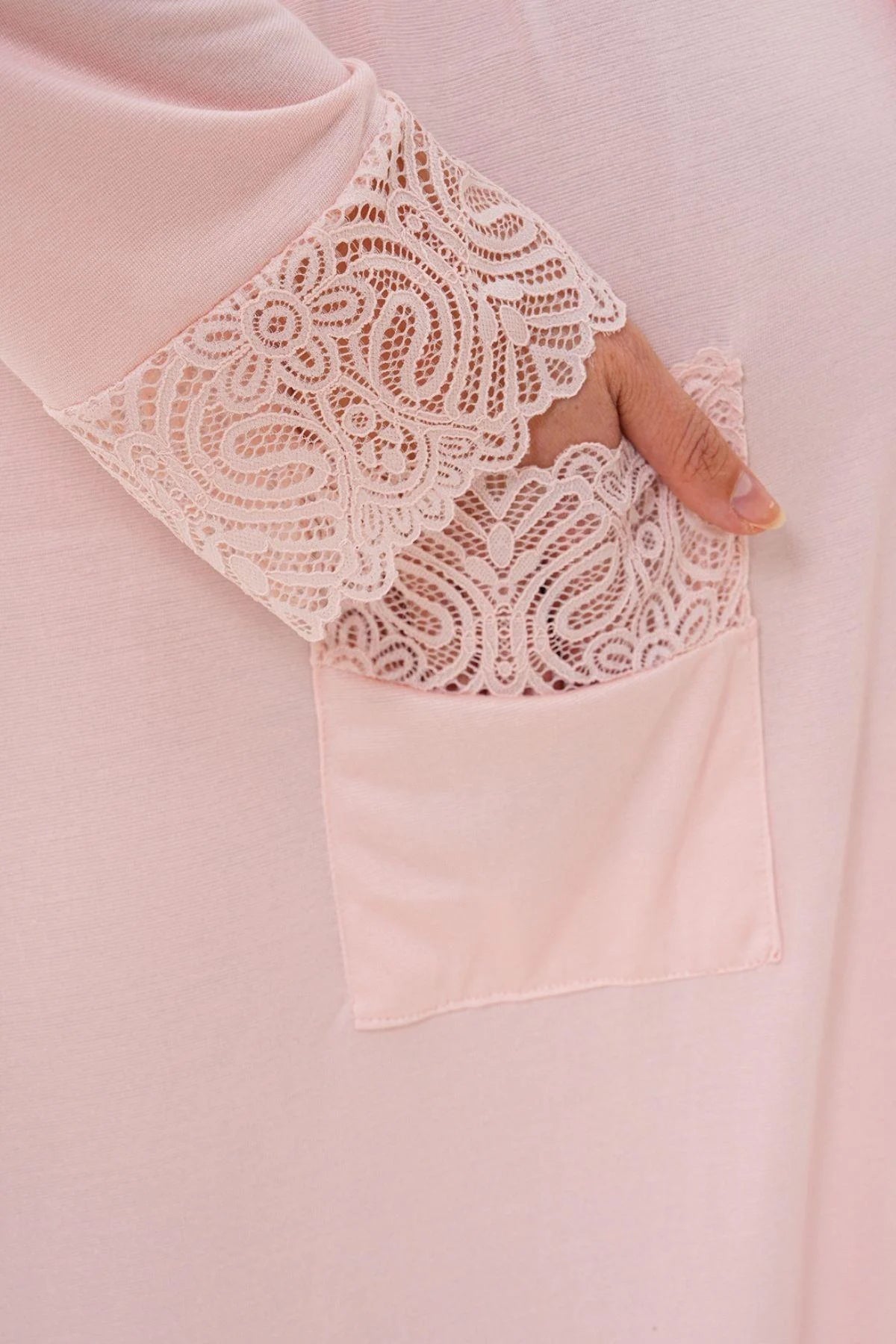 Lace Sleeve and Collar Maternity-Nursing Nightgown & Lace Sleeve Robe Set Powder - 6331