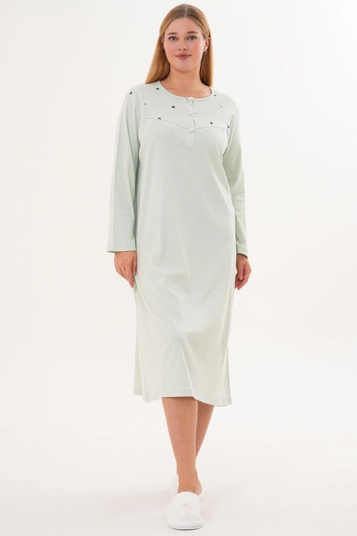 Heart and Star Printed Plus Size Maternity & Nursing Nightgown Green - 6310