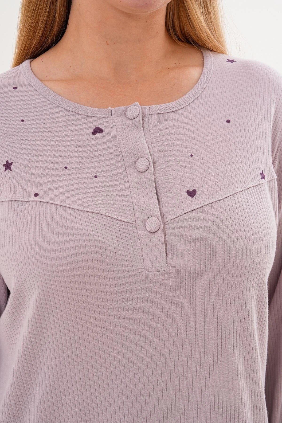Heart and Star Printed Plus Size Maternity & Nursing Nightgown Lilac - 6310