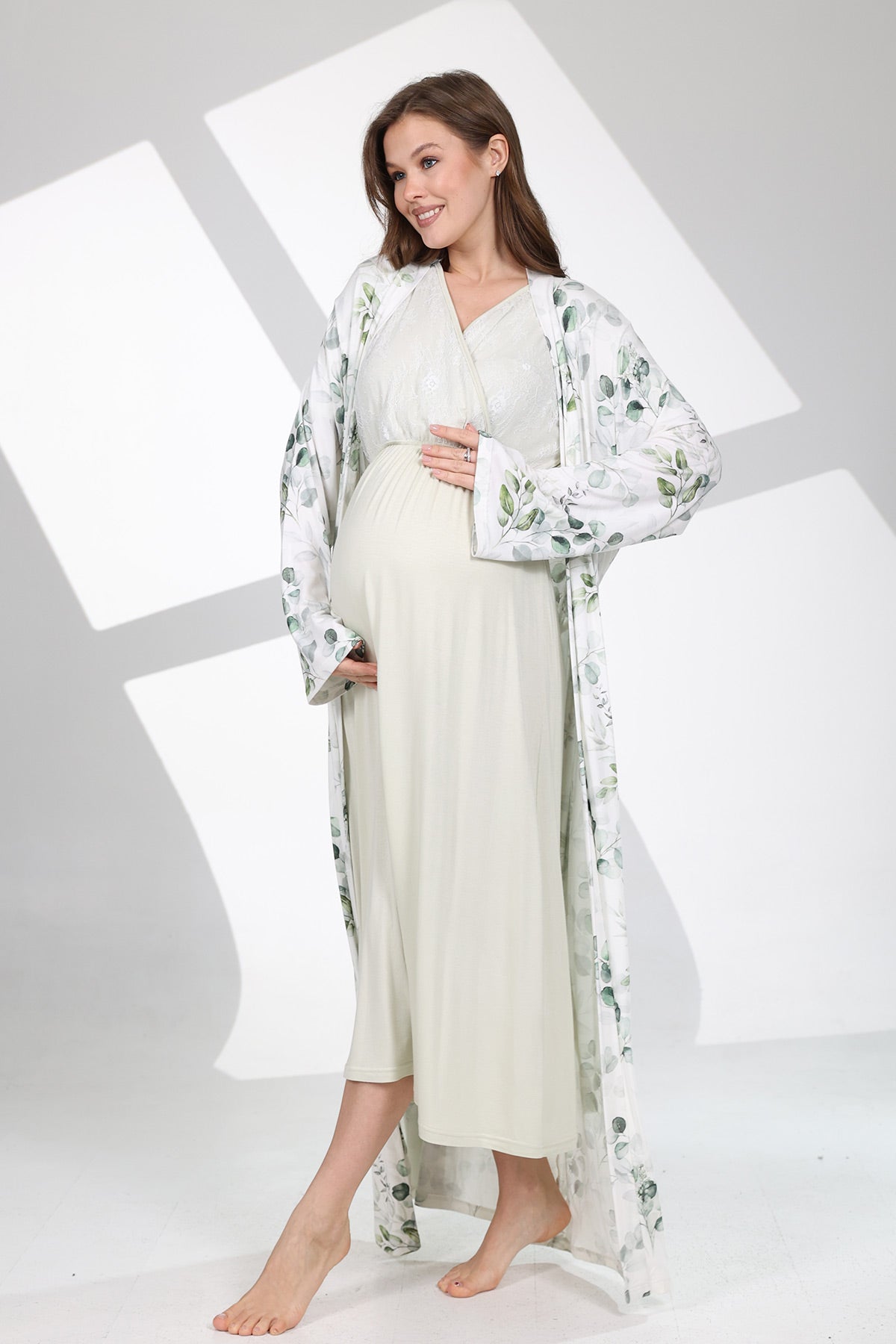Lace Collar Maternity-Nursing Nightgown & Patterned Robe Set Green - 702