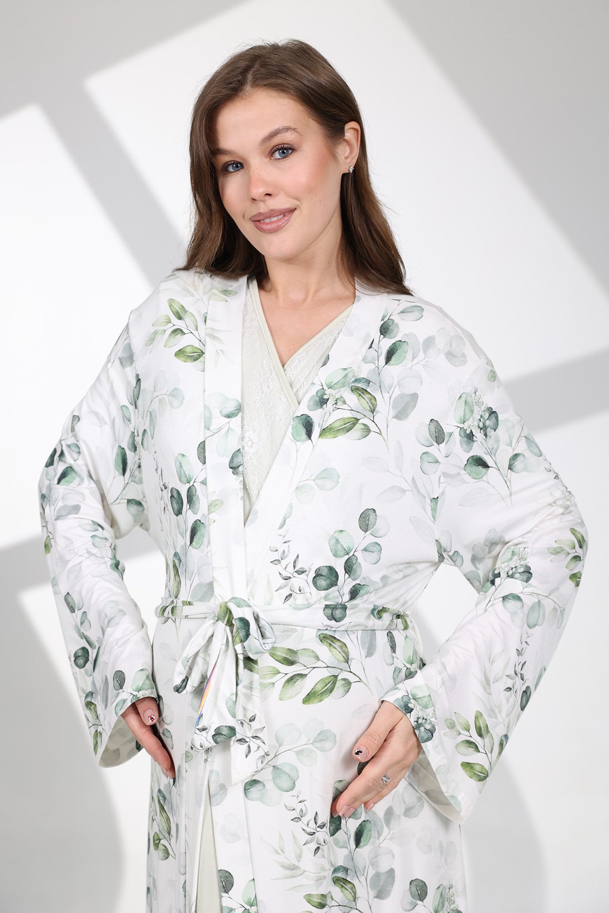Lace Collar Maternity-Nursing Nightgown & Patterned Robe Set Green - 702