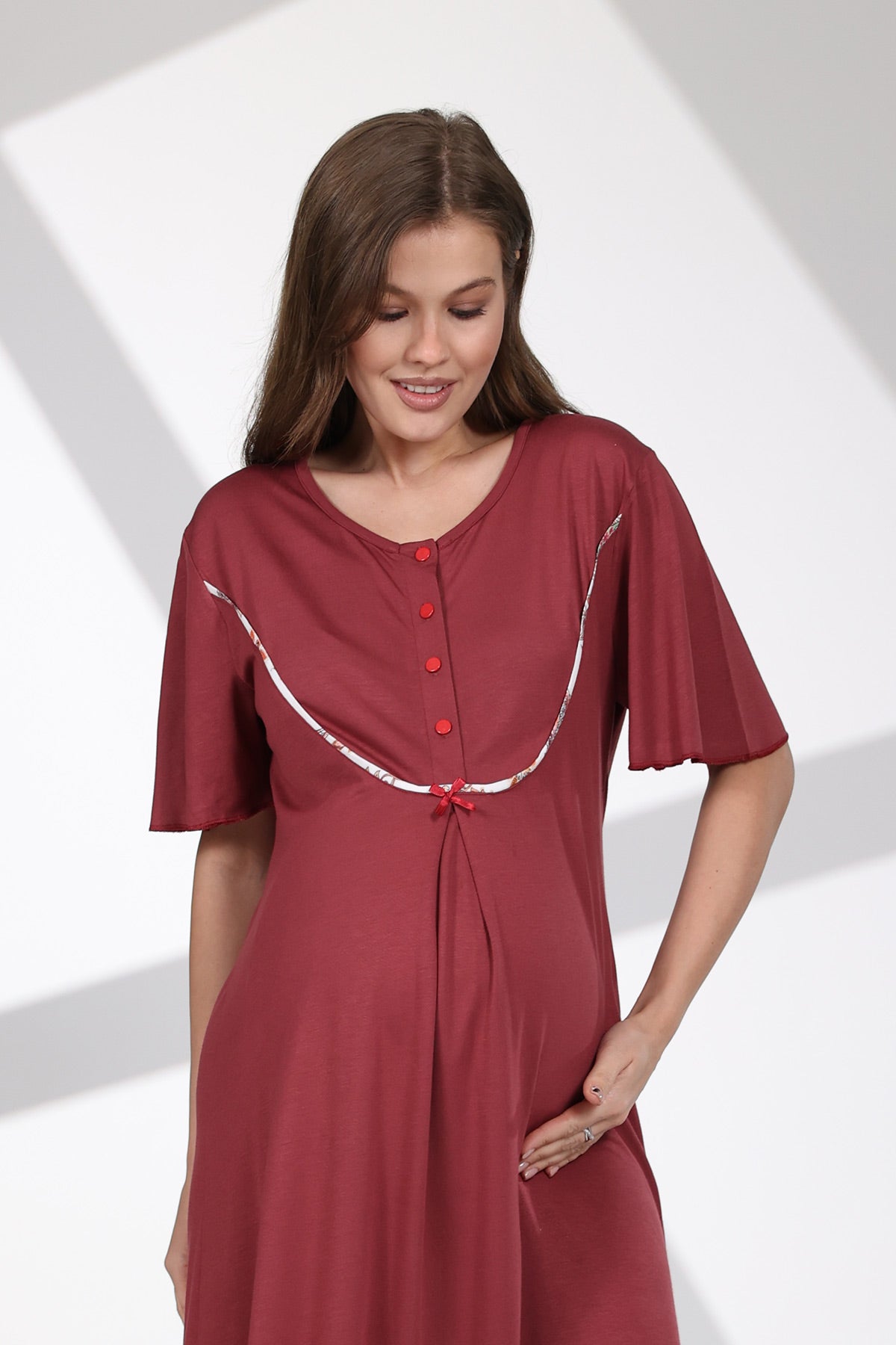 Crew-Neck Maternity-Nursing Nightgown & Patterned Robe Set Claret Red - 703