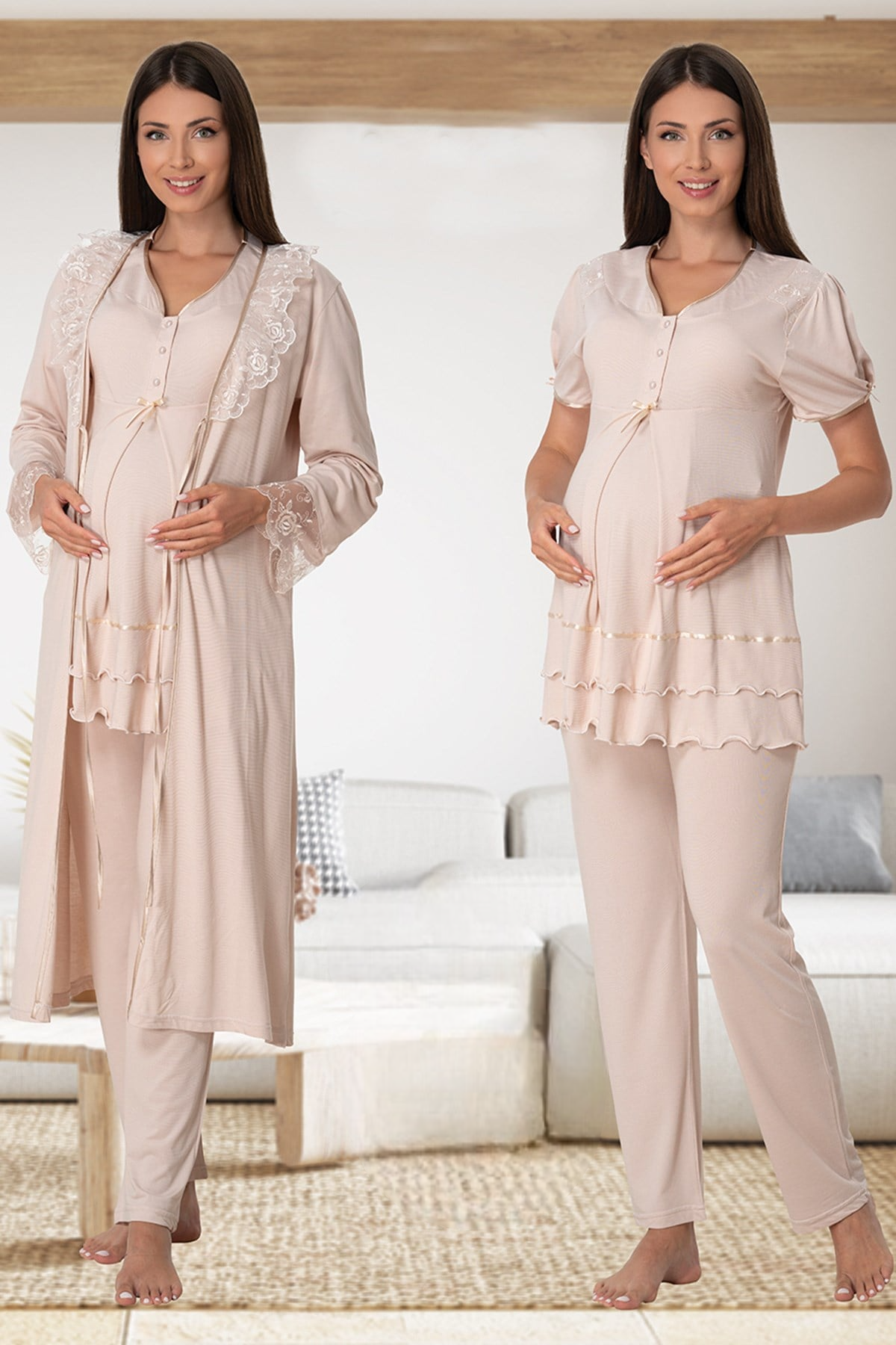 Pleated Embroidery 3-Piece Maternity-Nursing Pajama & Lacy Robe Set Mink - 8024