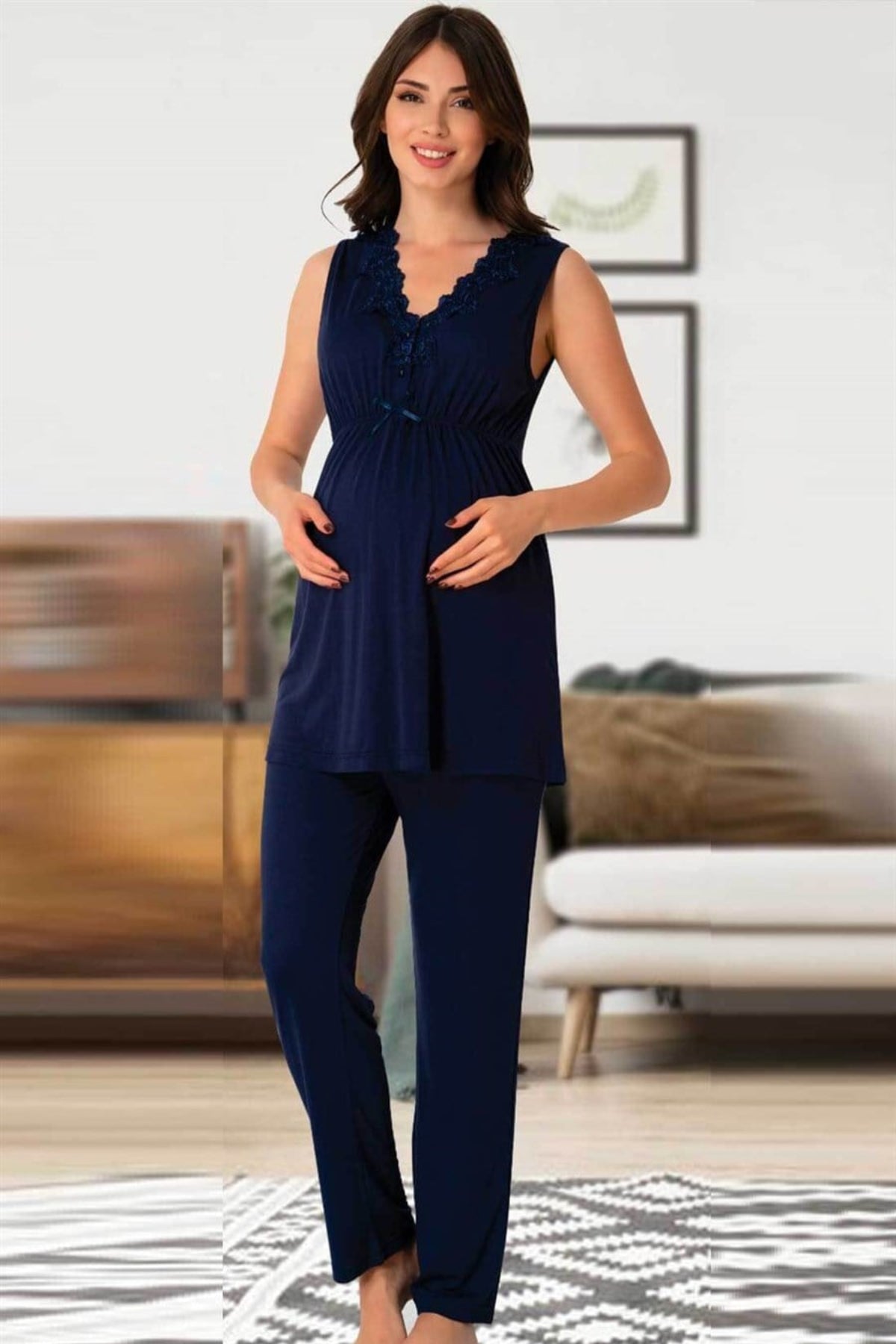 Elegant Lace Collar 3-Piece Maternity-Nursing Pajama & Patterned Robe Set Navy Blue - 8034