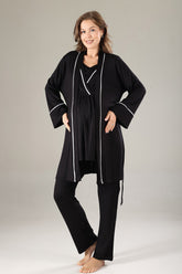 Striped Double Breasted 3-Piece Maternity-Nursing Pajama & Robe Set Black - 808