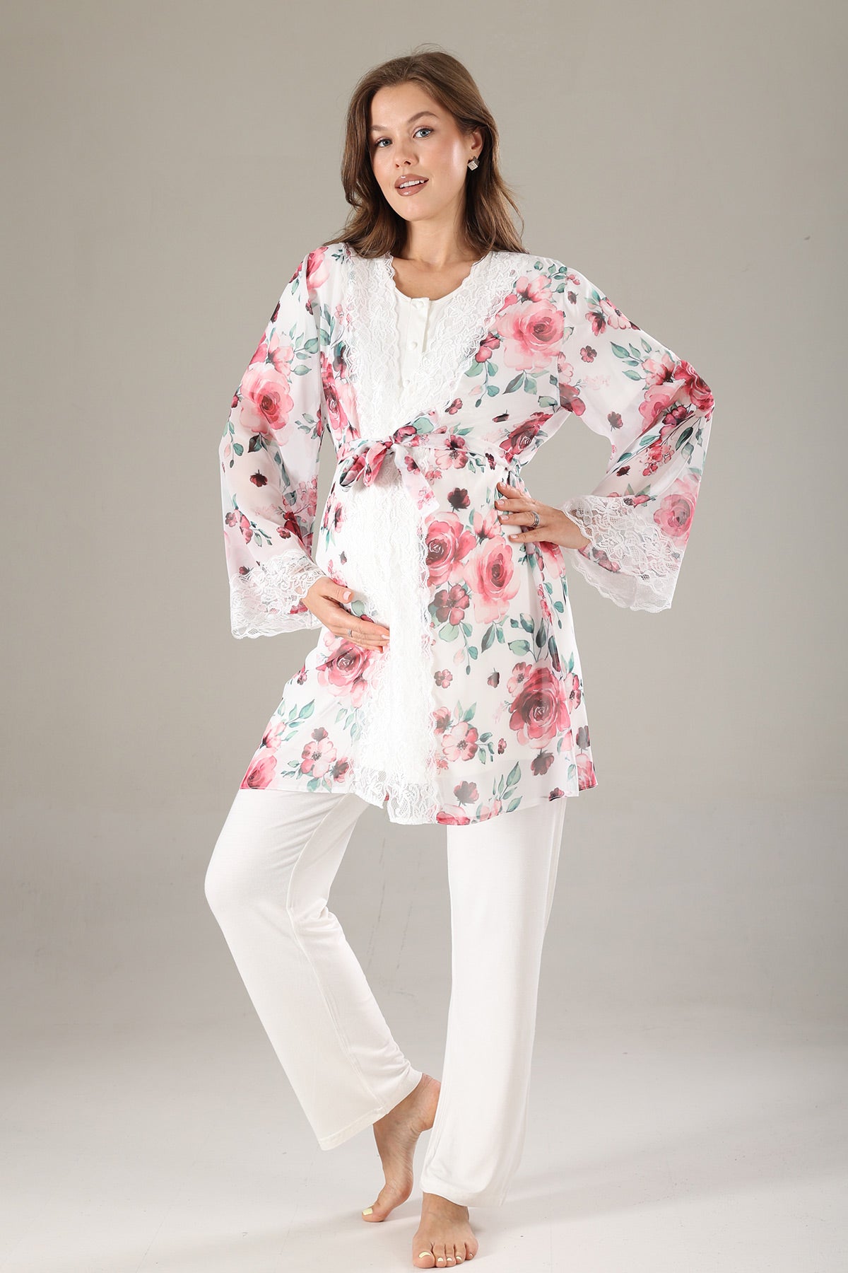 Lacy 3-Piece Maternity-Nursing Pajama & Lacy Chiffon Robe Set Pink - 813