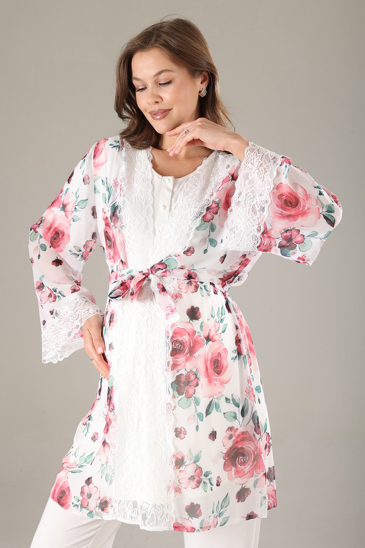Lacy 3-Piece Maternity-Nursing Pajama & Lacy Chiffon Robe Set Pink - 813