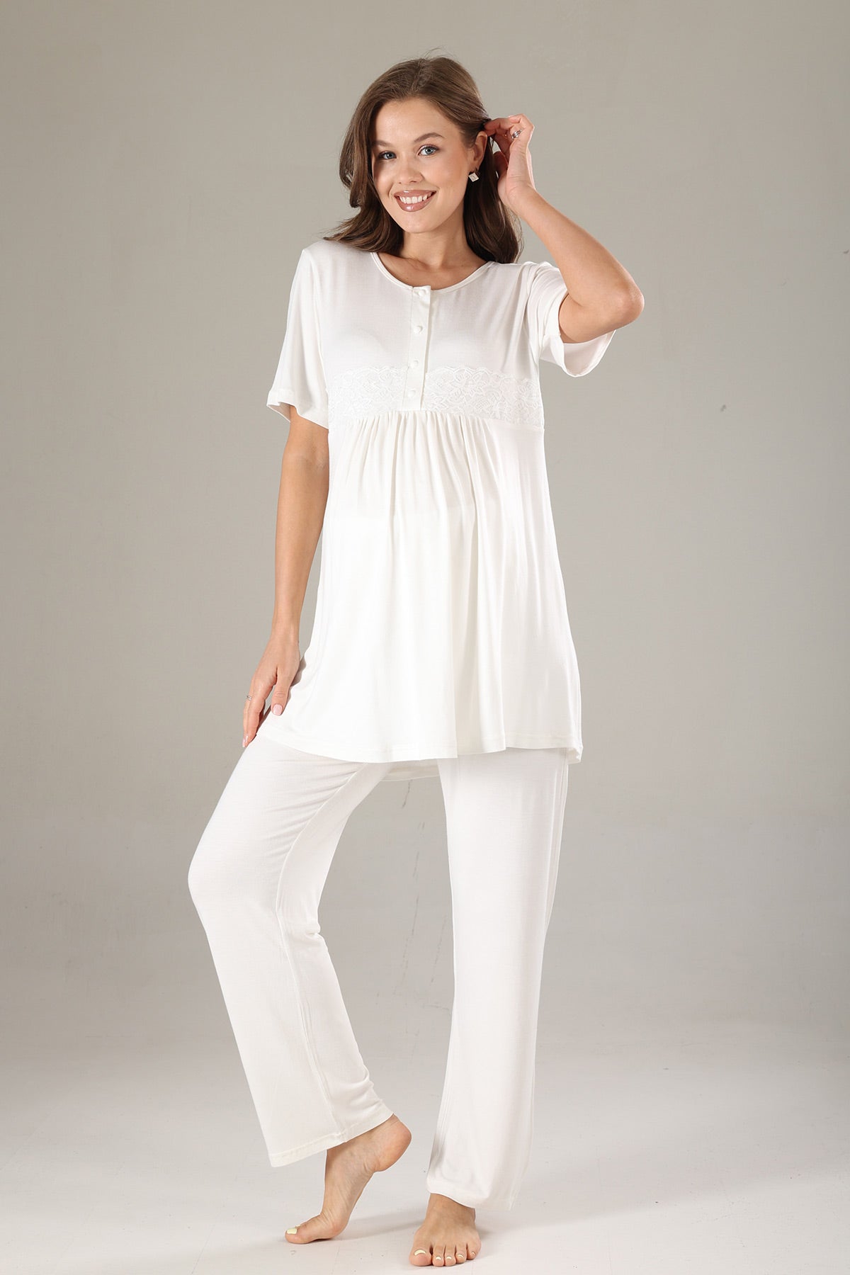 Lacy 3-Piece Maternity-Nursing Pajama & Lacy Chiffon Robe Set Pink - 813