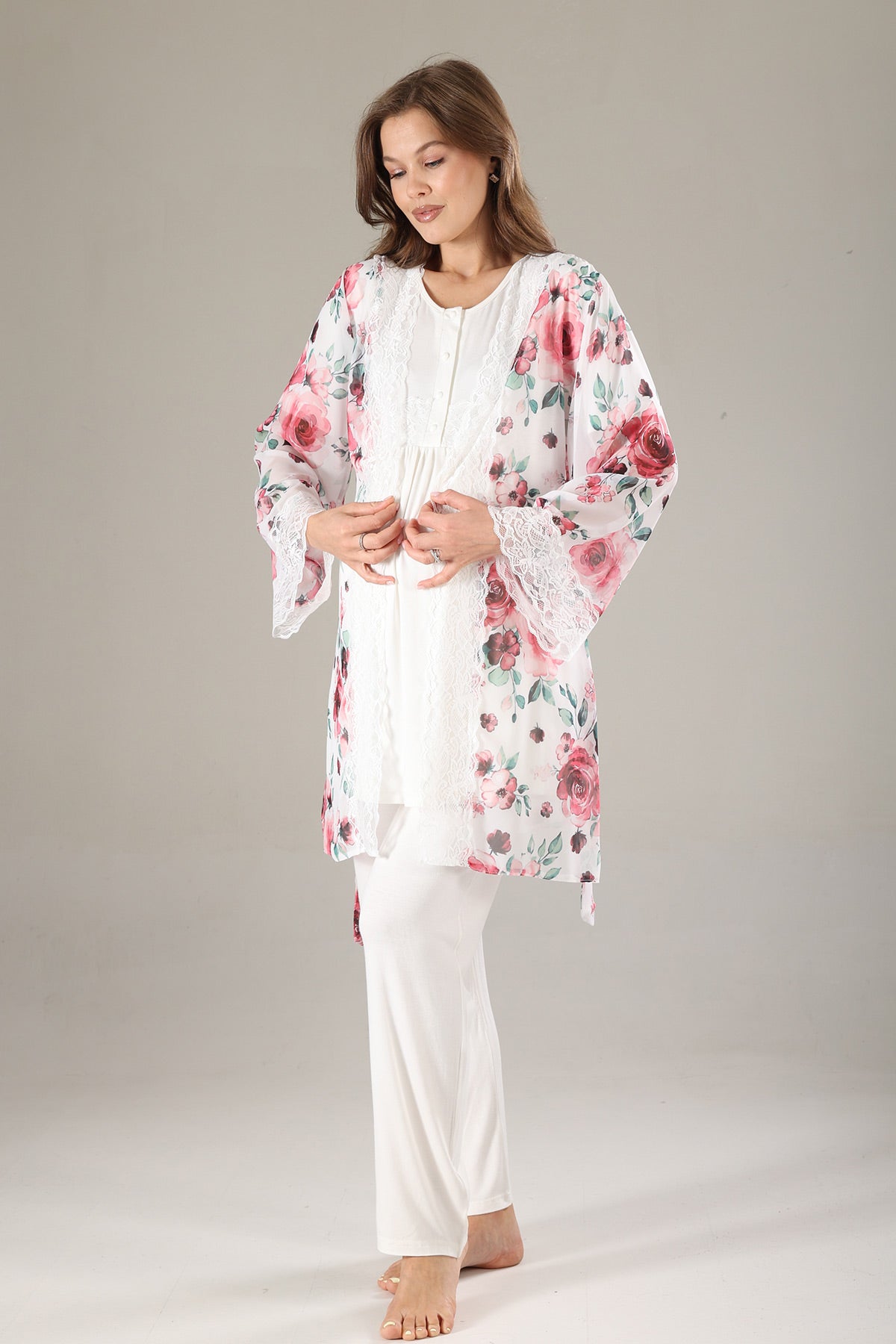 Lacy 3-Piece Maternity-Nursing Pajama & Lacy Chiffon Robe Set Pink - 813