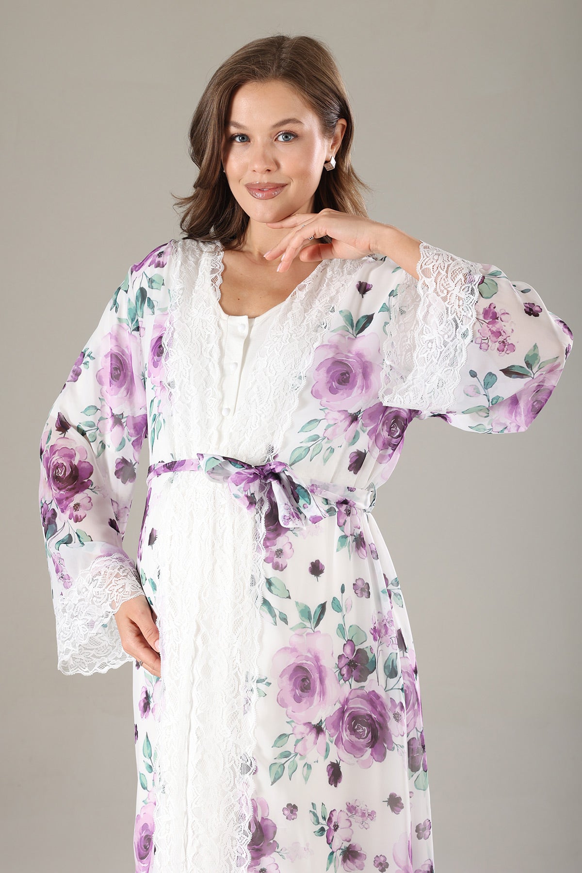 Lacy Maternity-Nursing Nightgown & Lacy Chiffon Robe Set Lilac - 814